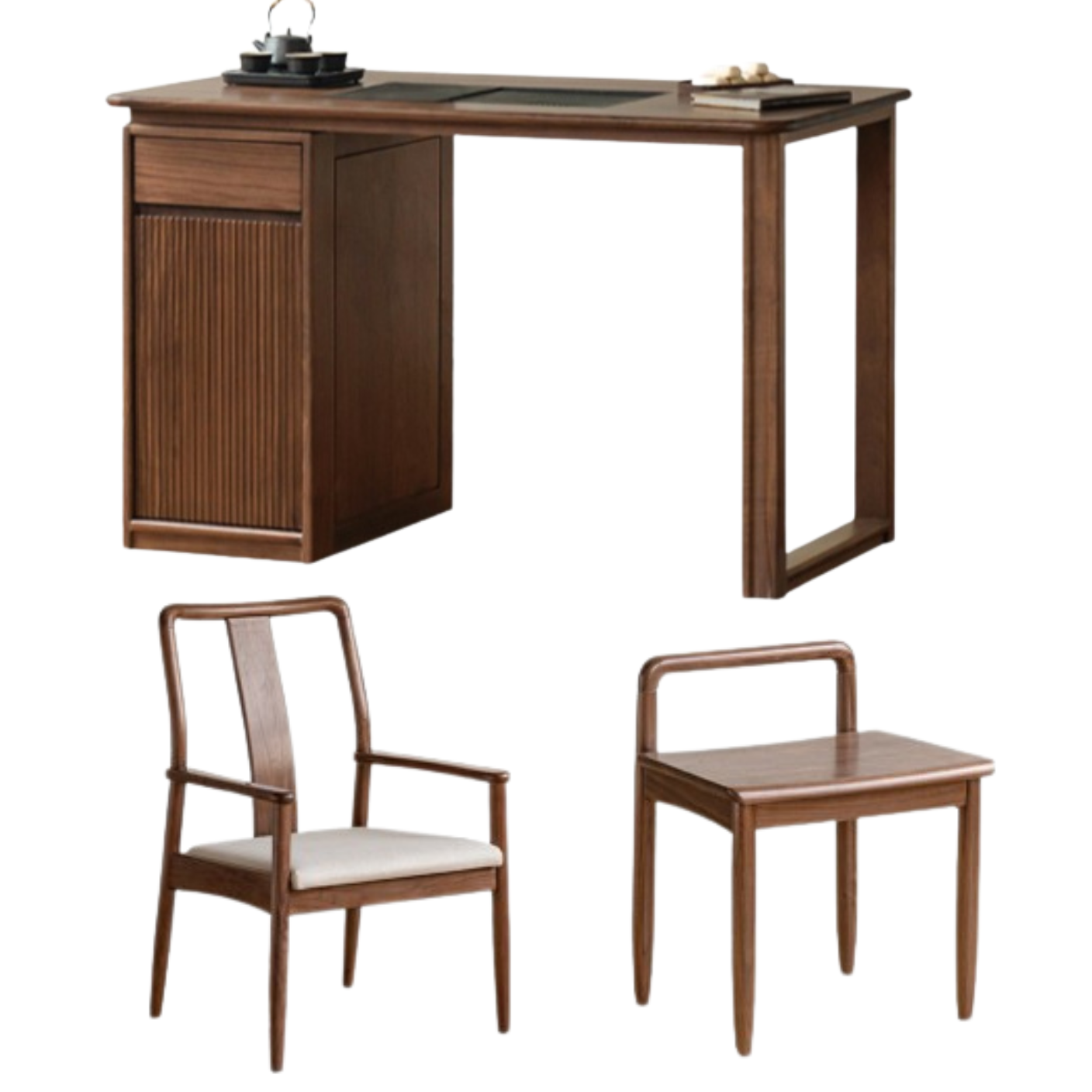 47.2x25.6x29.5 inch / 120x65x75 cm / Walnut Color/ Oak tea table with tea maker + tea chair 1 soft pack auxiliary + tea chair 2