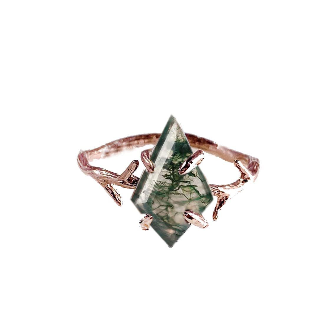 Unique Kite Moss Agate Engagement Ring - 925 Sterling Silver & Rose Gold Twig Design | Handmade Gemstone Ring for Women | Perfect for Weddings, Anniversaries & Romantic Gifts