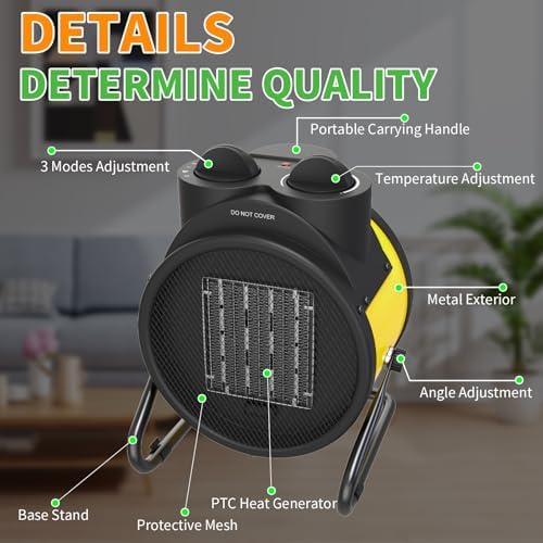 Buyplus 1500W Portable Outdoor Heater - Adjustable 90° Angle, Fast 2S Heating & Overheat Protection - Electric Space Heater for Patio, Garage, Bedroom, Office - Perfect for Winter Warmth & Indoor/Outdoor Use (Yellow)