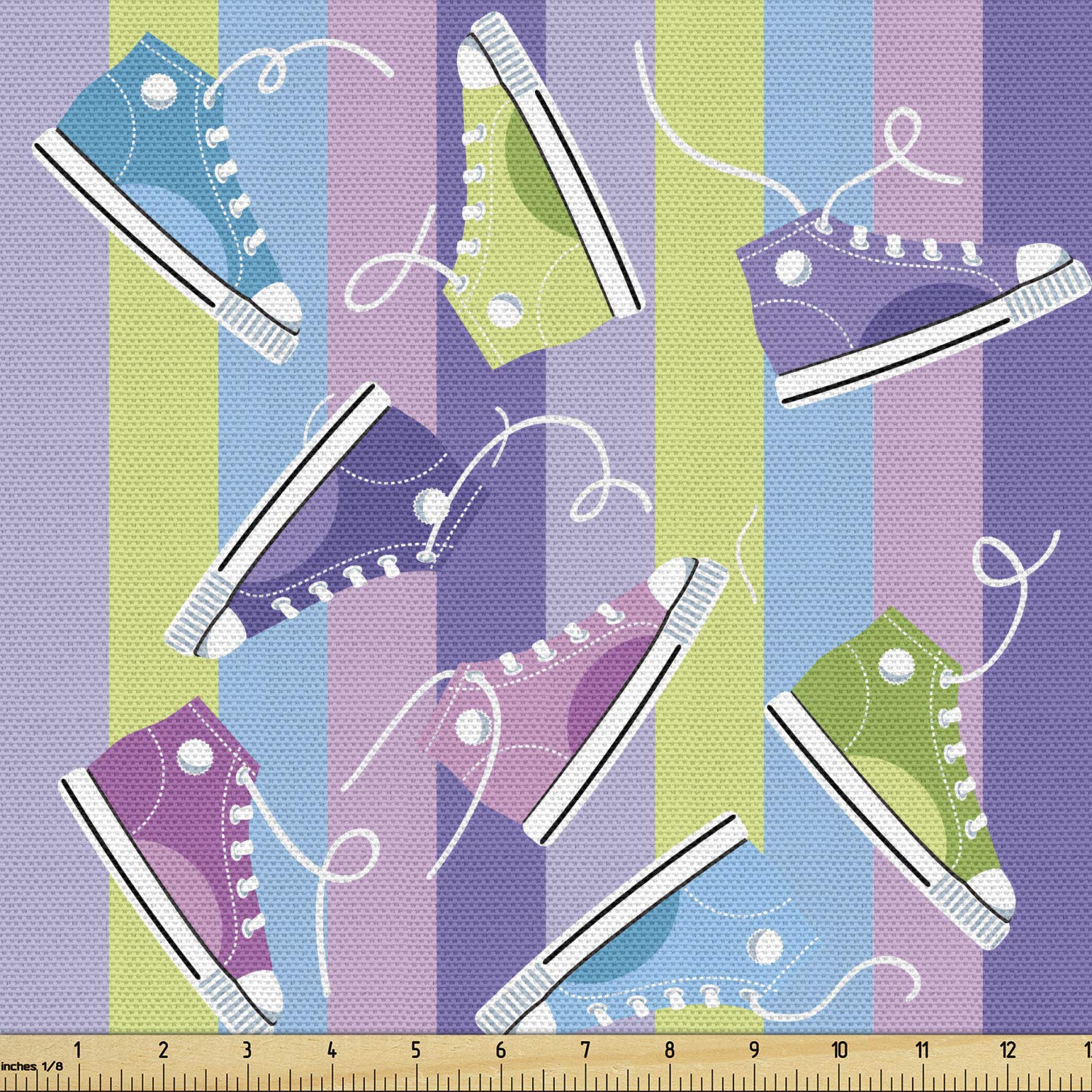 Ambesonne Retro Fabric by The Yard - Colorful Sneakers on Striped Background Upholstery Fabric for DIY Home Decor, Sofa, Curtains & Crafts (5 Yards, Multicolor) - Perfect for Fashionable Youth Bedrooms & Creative Sewing Projects