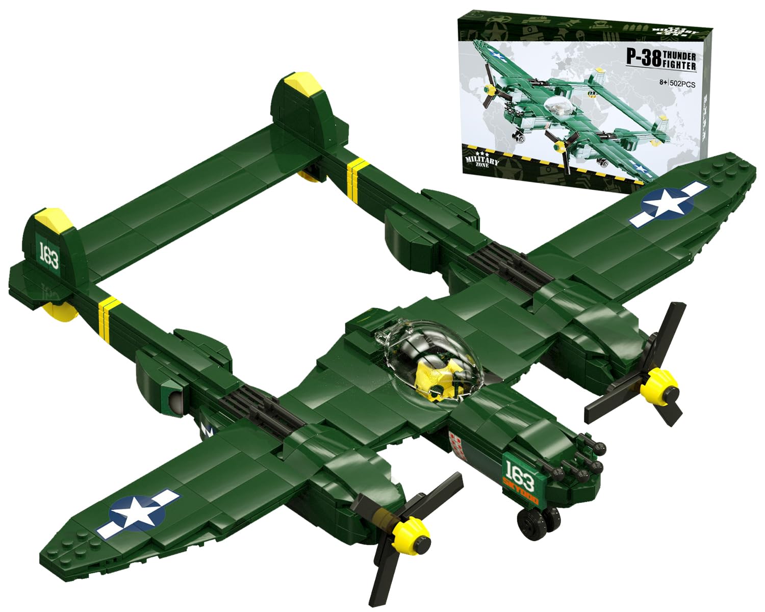 P-38 Lightning Fighter Plane Building Blocks Toy Set - Compatible with Lego Military Aircraft Model Kit - Gift for Boys 8+ and WW2 Enthusiasts - Perfect for Creative Play, STEM Learning & Historical Collection