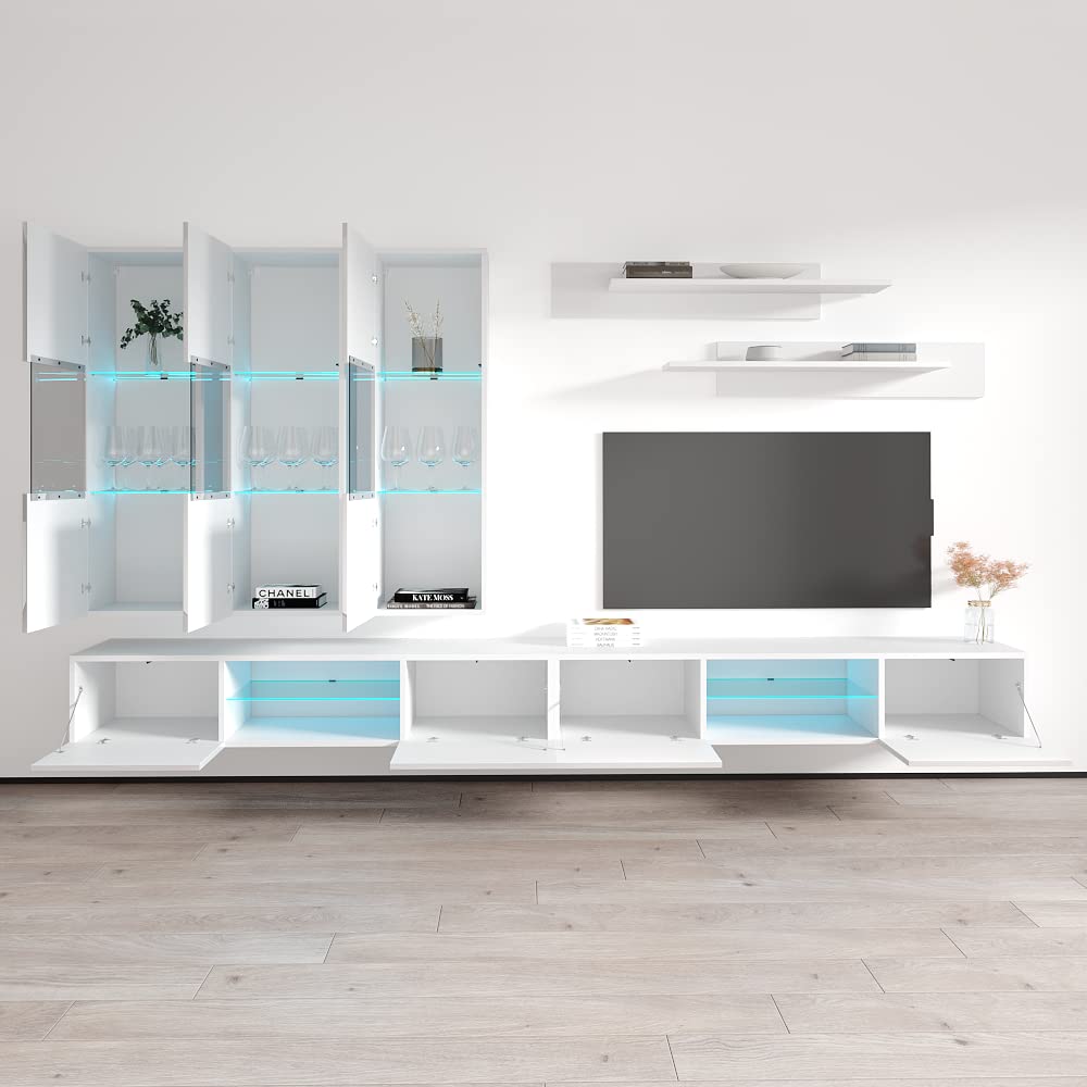 Modern White Wall-Mounted TV Stand with Storage Shelves & LED Lights - E2 33