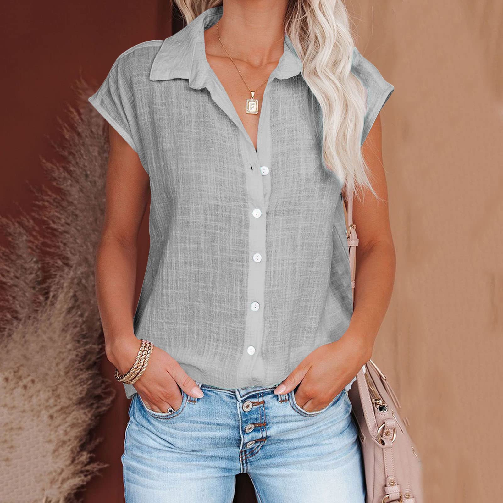 Trendy Women's Cotton Linen Short Sleeve Blouses - Loose Fit Casual & Dressy Tops for Summer 2024 - Perfect for Office, Beach & Weekend Outings