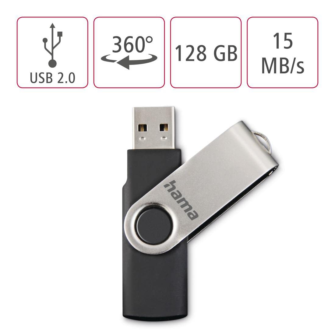 Hama Rotate FlashPen USB 2.0 128GB Memory Stick with 15MB/s Transfer Speed - Black & Silver | Portable USB Drive for Work, School, Data Backup & File Sharing