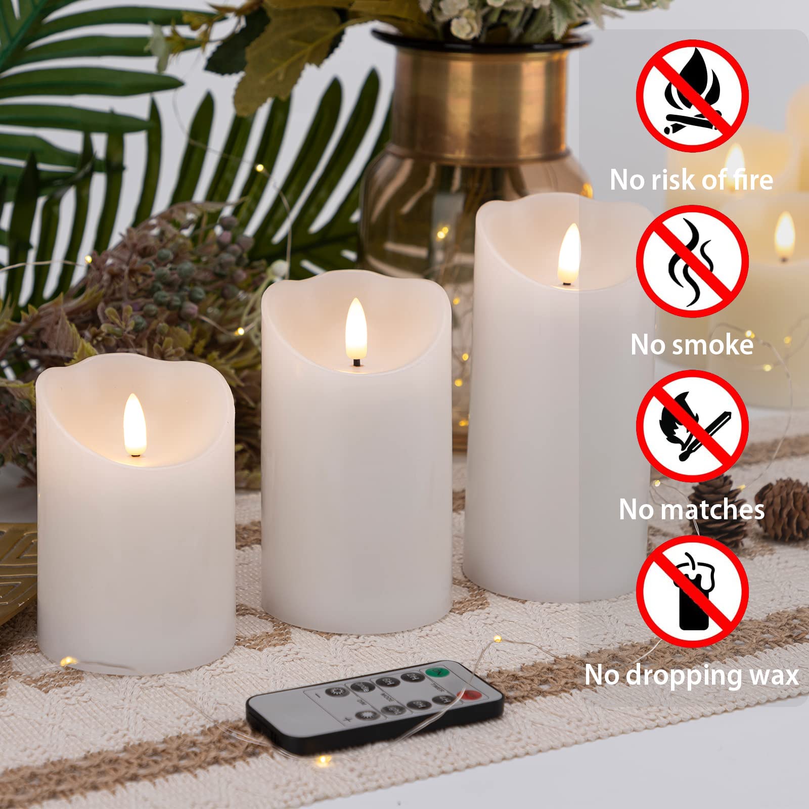 Flameless LED Candles with Remote Control - Set of 3 Battery Operated Wax Candles with Timer & Flickering Flame Effect (White) - Perfect for Home Decor, Christmas Party, Wedding Centerpiece & Romantic Dinner Ambiance