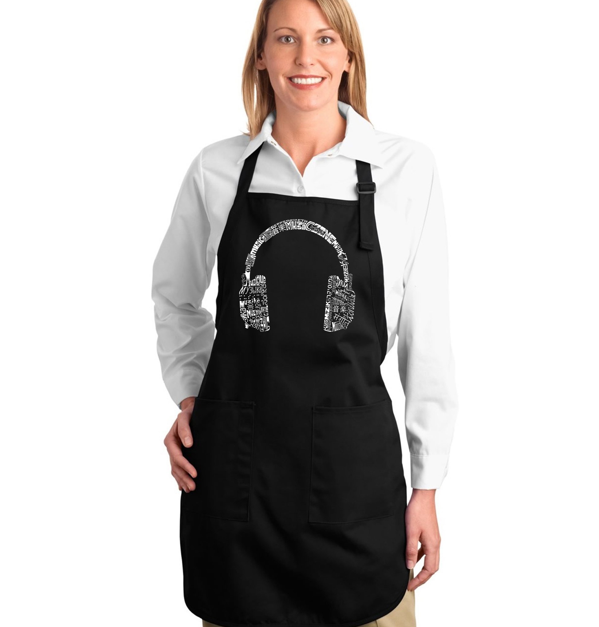 LA POP ART Word Art Apron - Stylish & Fun Kitchen Apron with Headphones Design - Perfect for Cooking, Baking & Music Lovers