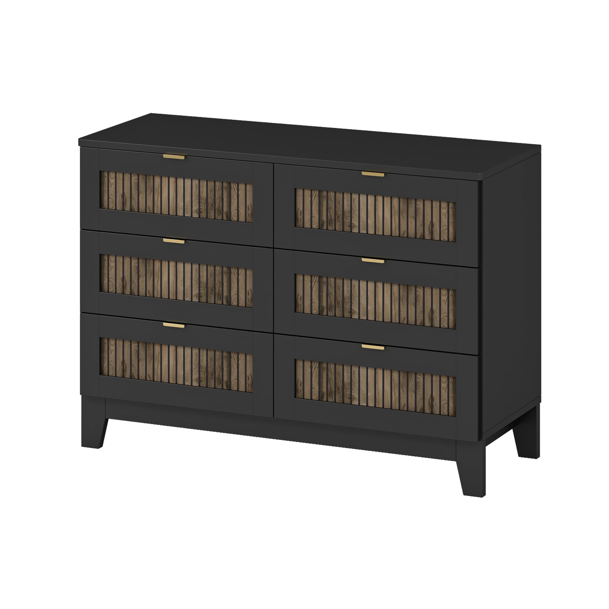 4-Piece Full Size Farmhouse Bedroom Set with Wooden Strip Platform Bed, 2 Storage Nightstands & 6-Drawer Dresser with Metal Handles - Black - Perfect for Kids & Teens Rooms, Guest Bedrooms & Cozy Farmhouse Style Homes