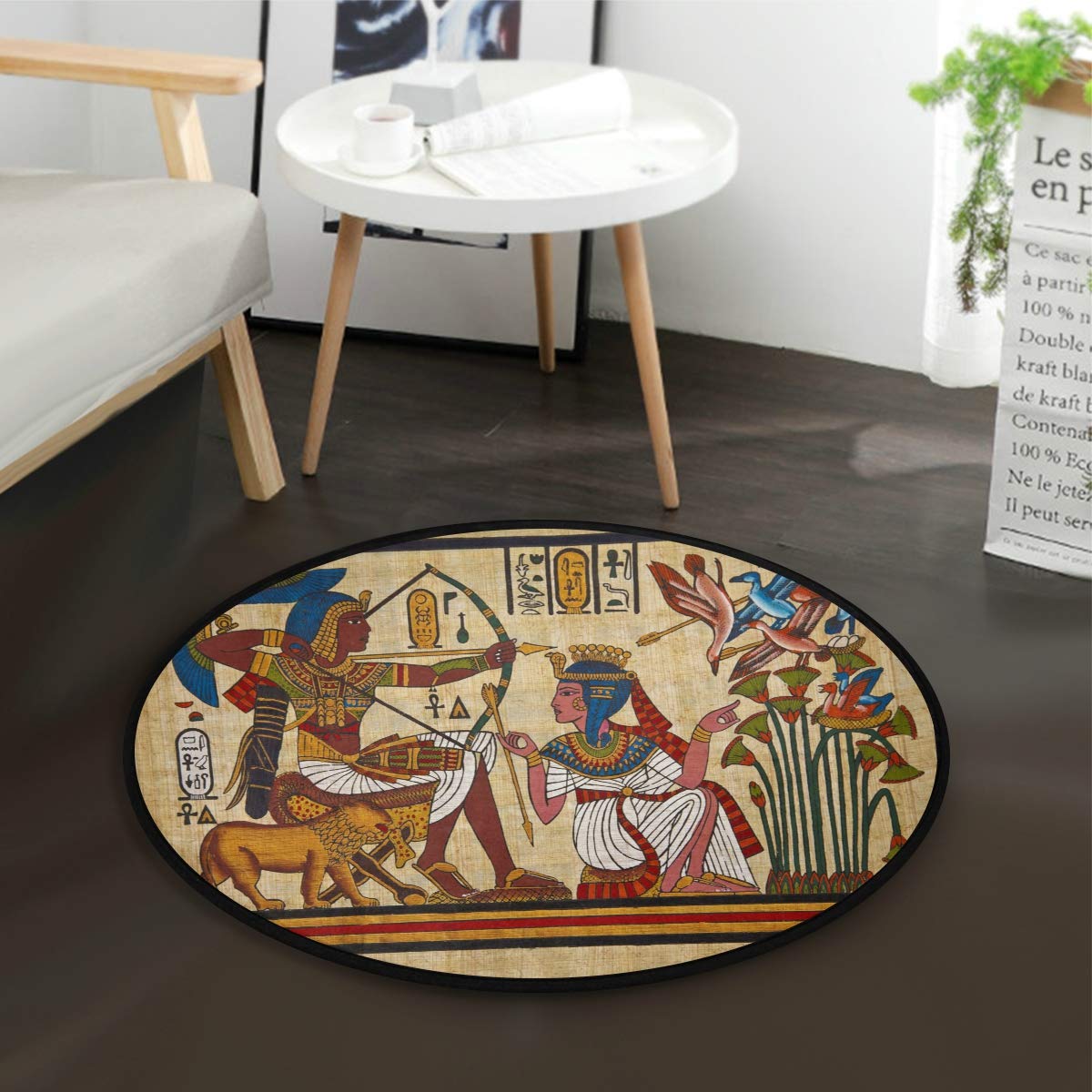 ALAZA Antique Egyptian Papyrus & Hieroglyph Round Area Rug - 3' Diameter (92 cm) Handmade Vintage Oriental Carpet for Living Room, Bedroom, Office Decor | Perfect for Boho, Mediterranean & Themed Interior Design