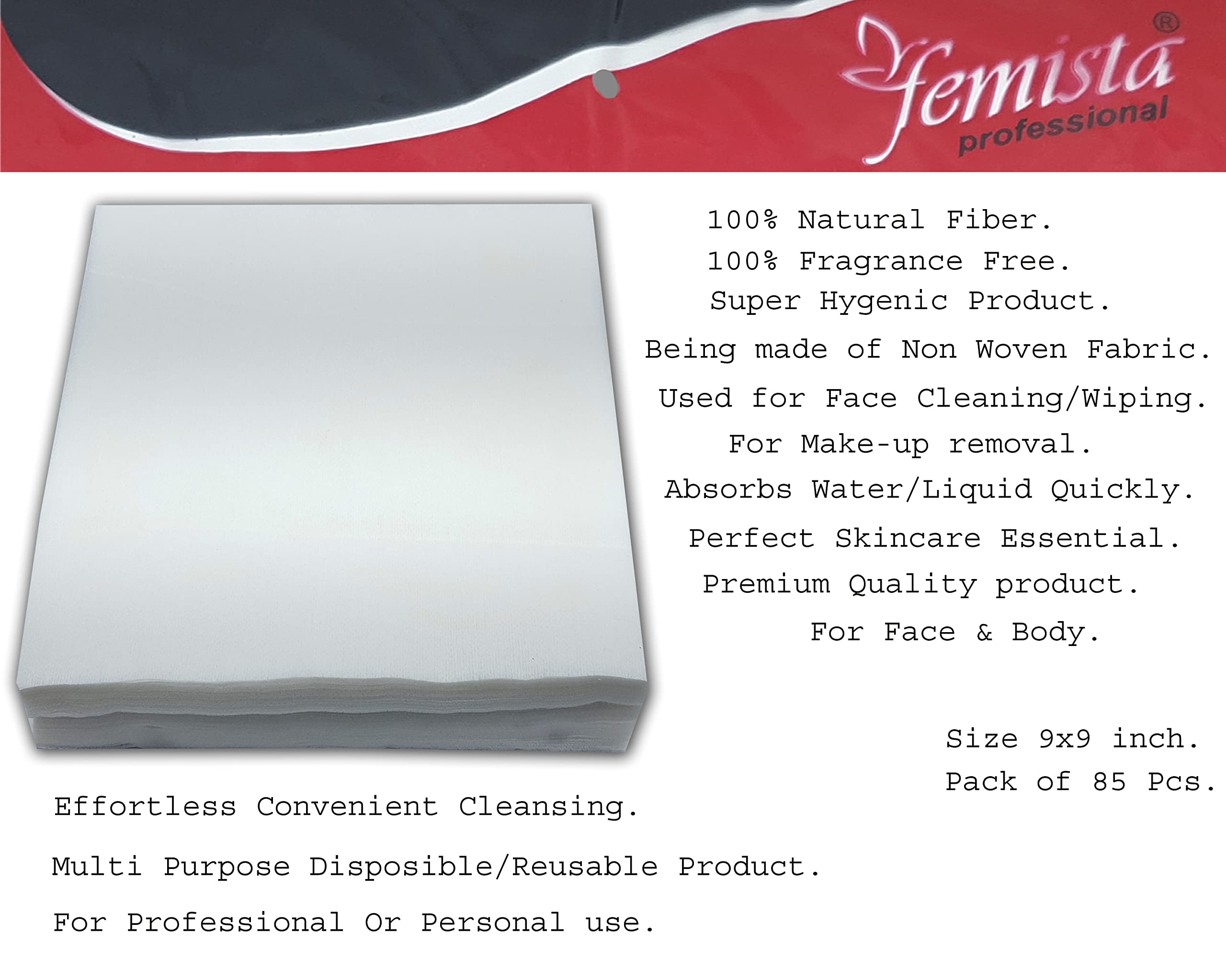FEMISTA 85-Pack 9x9 Inch Disposable & Reusable Non-Woven Facial Tissues - Premium Skin Care Wipes for Face & Body - Ideal for Spa, Salon, Makeup Removal & Daily Skincare Routine