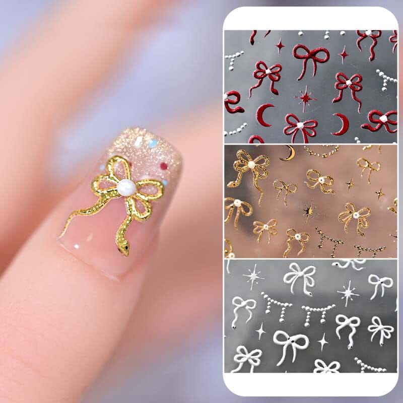 5D Gold Red White Bowknot Embossed Nail Stickers - Elegant Nail Art Decals for Parties, Weddings & Special Occasions