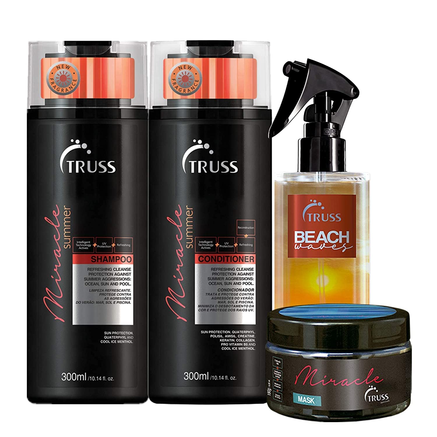 Truss Miracle Summer Conditioner & Shampoo Set with Hair Mask & Texturizing Styling Spray - Hydrating Hair Care Bundle for Smooth, Voluminous Hair - Perfect for Summer Beach Days & Salon-Quality Styling at Home