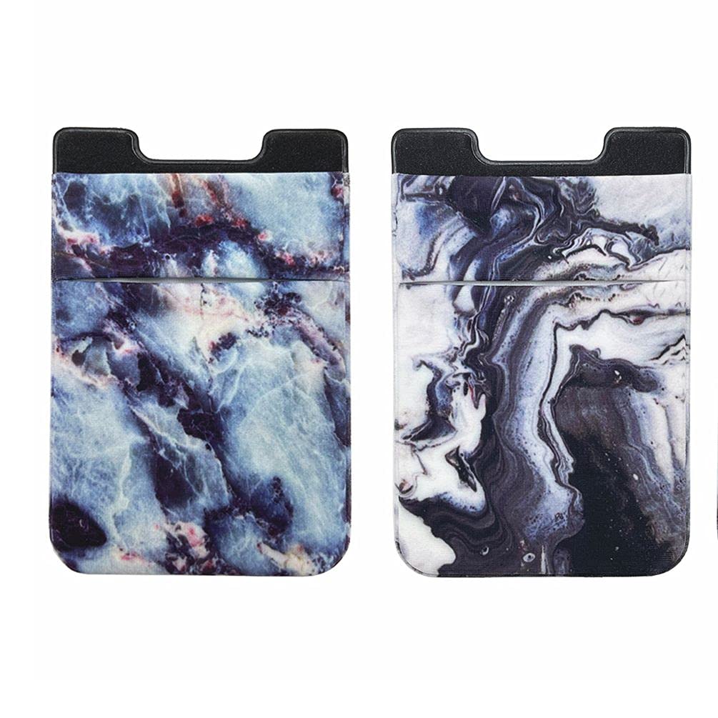 2 Pack Stretchy Lycra Phone Card Holder with 3M Adhesive - Slim Wallet Pocket for Credit Cards, ID & Cash - Compatible with iPhone, Samsung Galaxy & Android Smartphones (Black & Blue Marble) - Perfect for Gym, Travel & Everyday Use