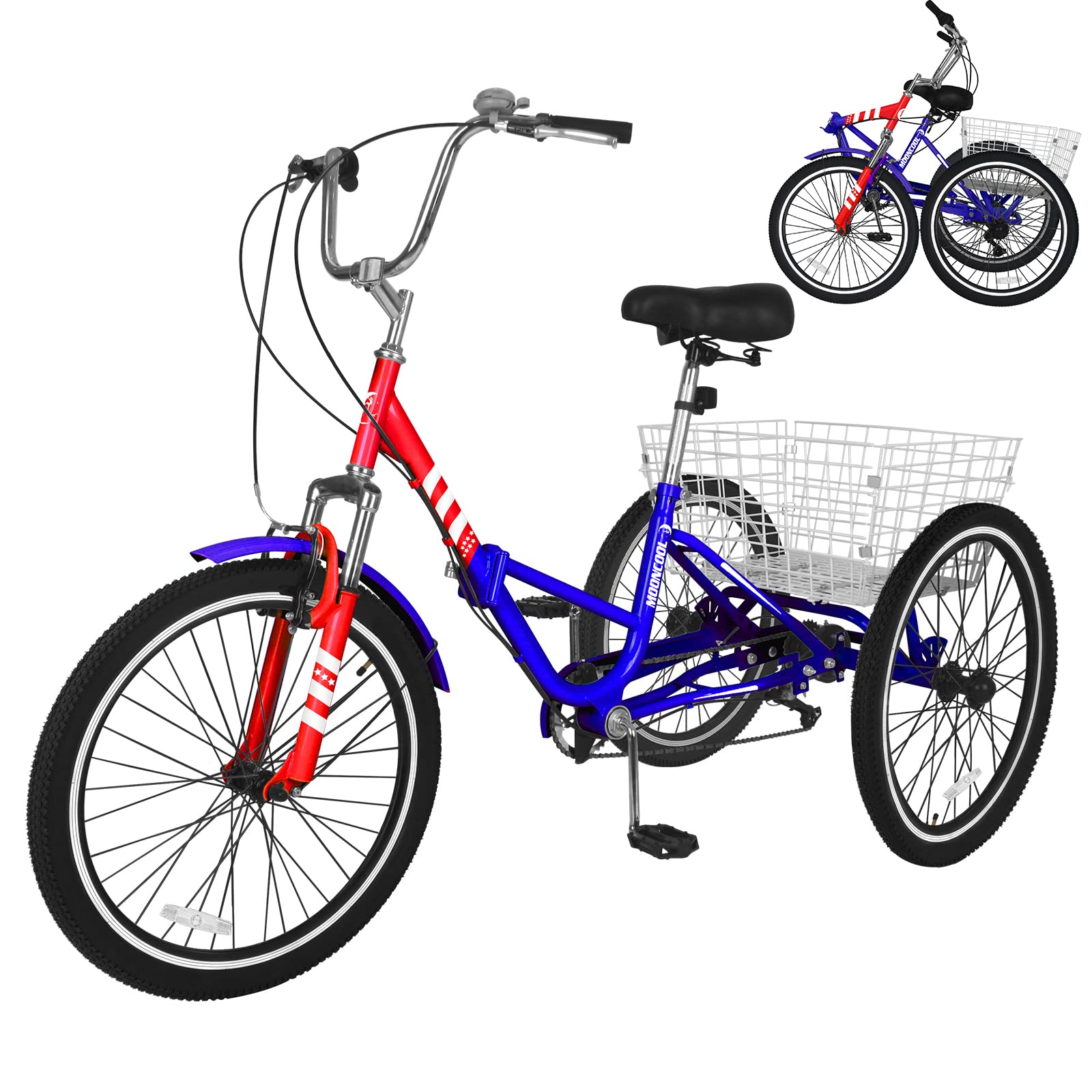 MOPHOTO Adult Folding Tricycle 7-Speed 20/24/26 Inch Three-Wheel Bike with Low-Step Frame, Large Basket & Adjustable Seat - Perfect for Commuting, Shopping & Leisure Rides