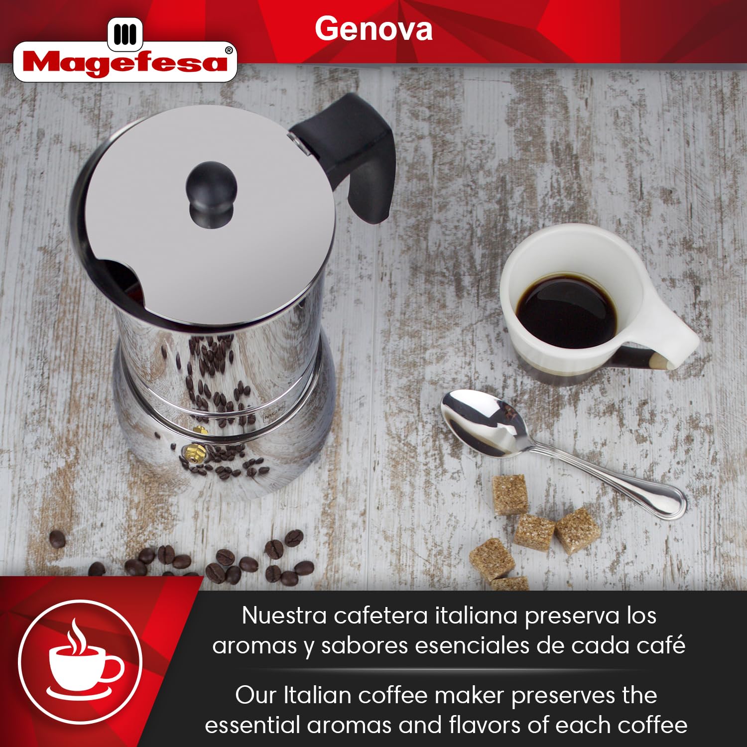 MAGEFESA Genova Stovetop Espresso Maker - 4 Cup (6.5 oz) Italian Moka Pot - 18/10 Stainless Steel Induction Compatible Coffee Maker - Perfect for Home, Office & Camping Use