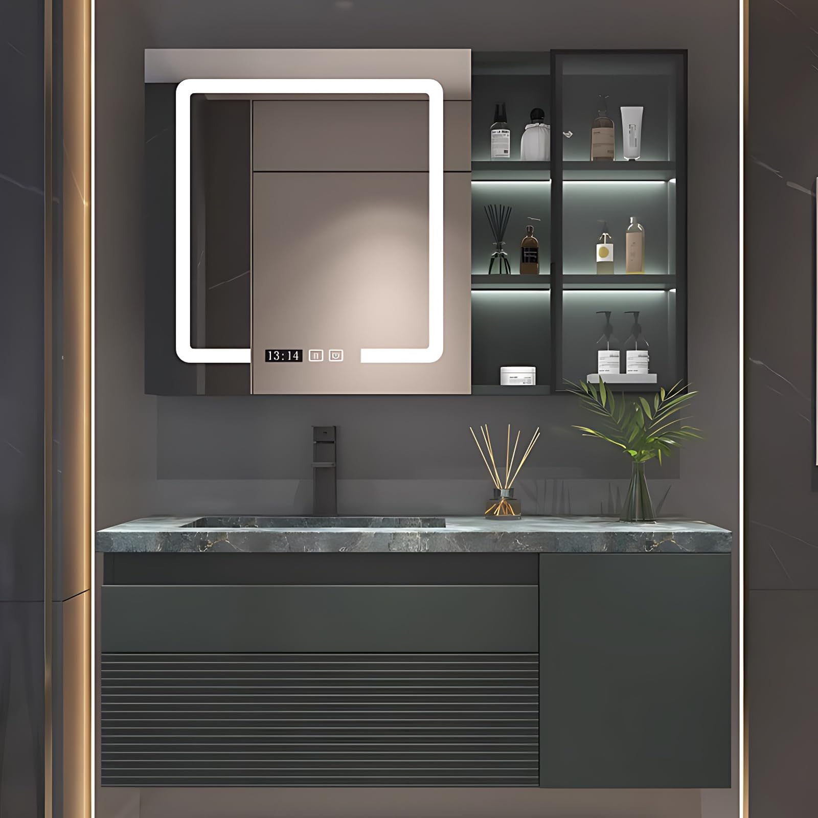 High-Quality Floating Bathroom Vanity with Sink - 48 Inch Modern Forest Green Vanity Set with Large Storage Cabinet, Side Compartment & Smart Anti-Fog Mirror | Perfect for Small Bathrooms, Powder Rooms & Contemporary Home Decor