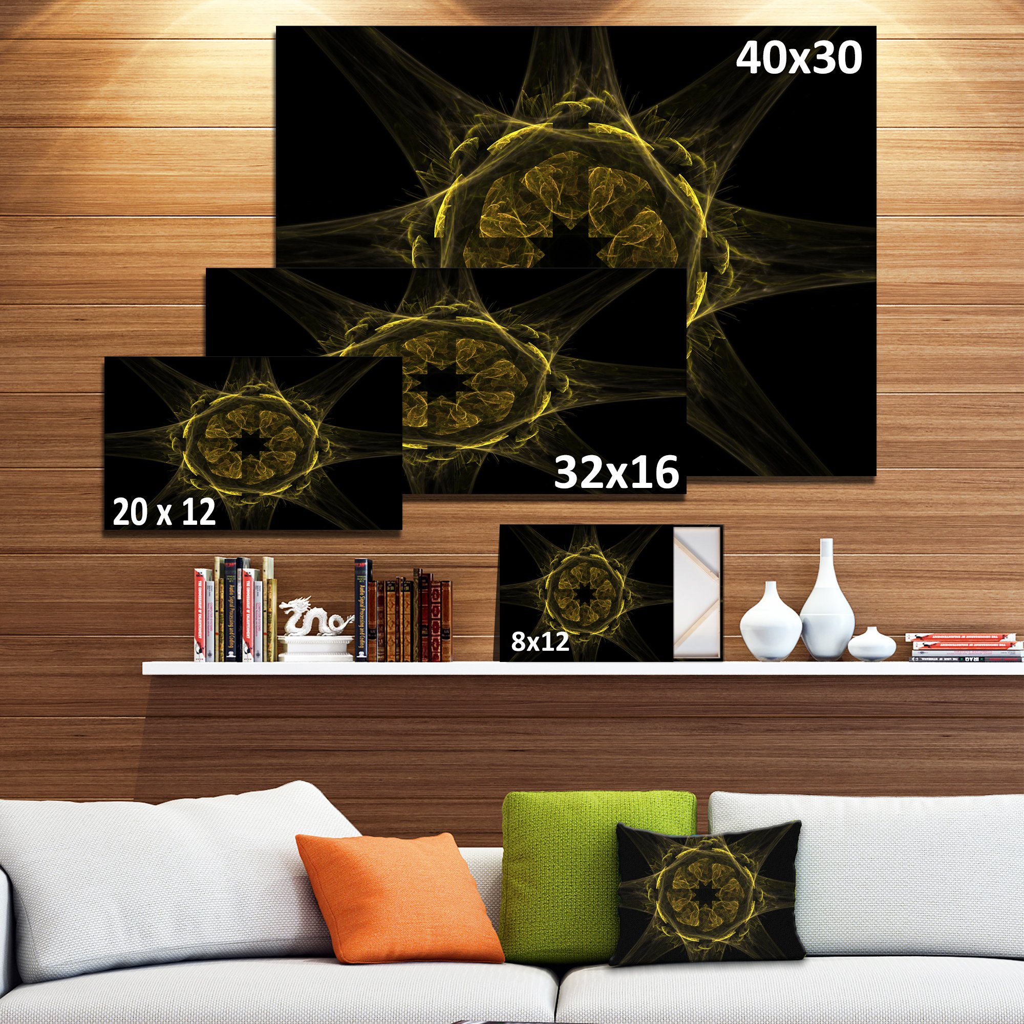 Glowing Golden Radial Fractal Flower Art Print - Modern Floral Canvas Wall Decor for Living Room, Bedroom & Office