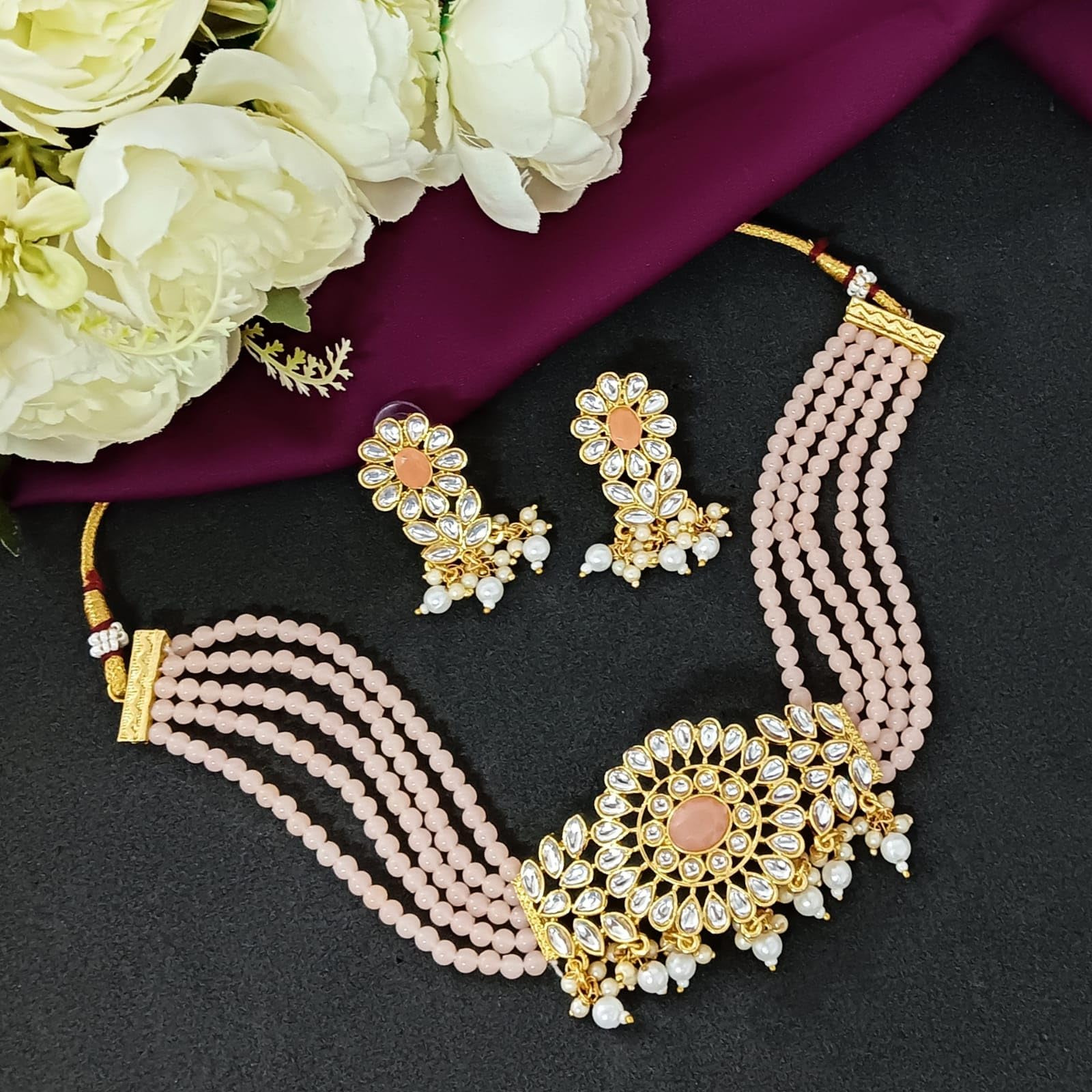 Elegant Faux Pearl & Kundan Crystal Bridal Jewelry Set - Peach Color Multi-Layered Choker Necklace & Dangle Earrings for Women | Indian Wedding, Party & Special Occasion Accessories