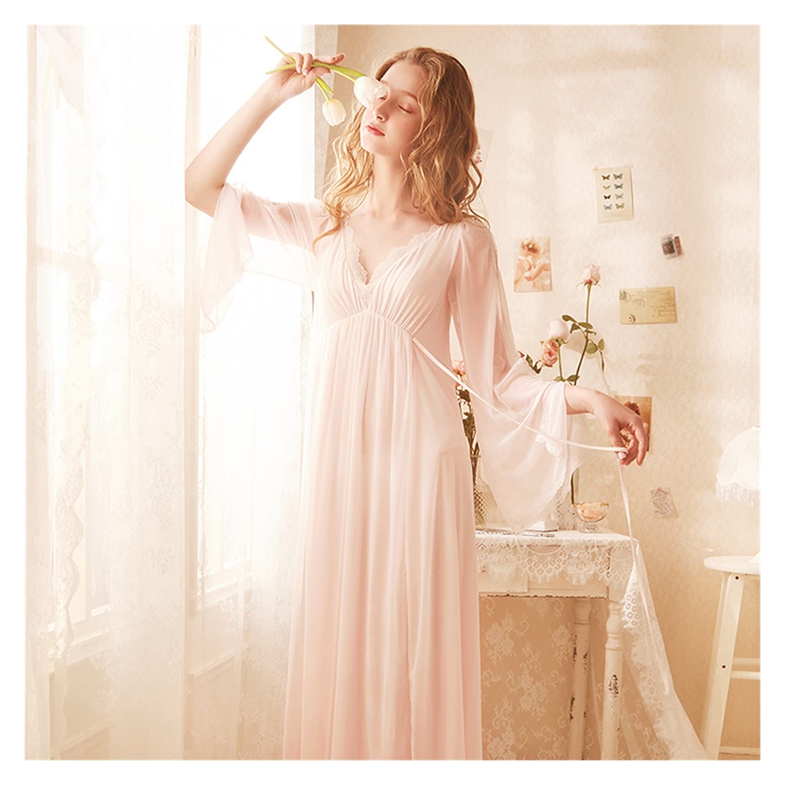 LHYLHY Women's Long Lace Nightgown - Soft Spring Rose Tree Sleepwear in Purple, White & Pink (Size S) for Comfortable Sleep & Relaxation at Home