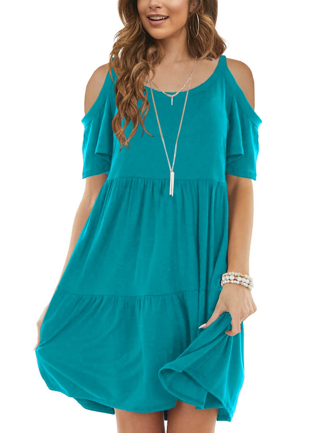 Nirovien Women's Summer Casual Mini Dress - Flowy Cold Shoulder Midi Dress with Tiered Ruffle Sleeves | Perfect for Beach, Vacation & Date Night Outfits