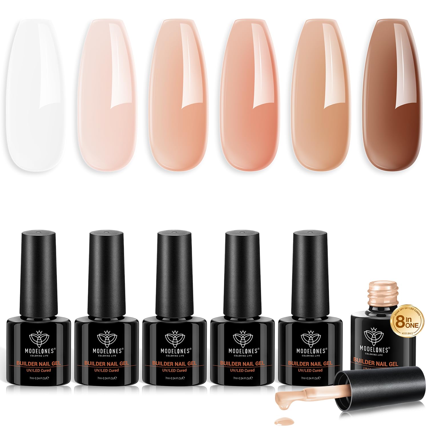 Modelones Builder Nail Gel 8-in-1 Kit - 6 Colors for Nail Thickening & Strengthening | Fall Winter Nail Care