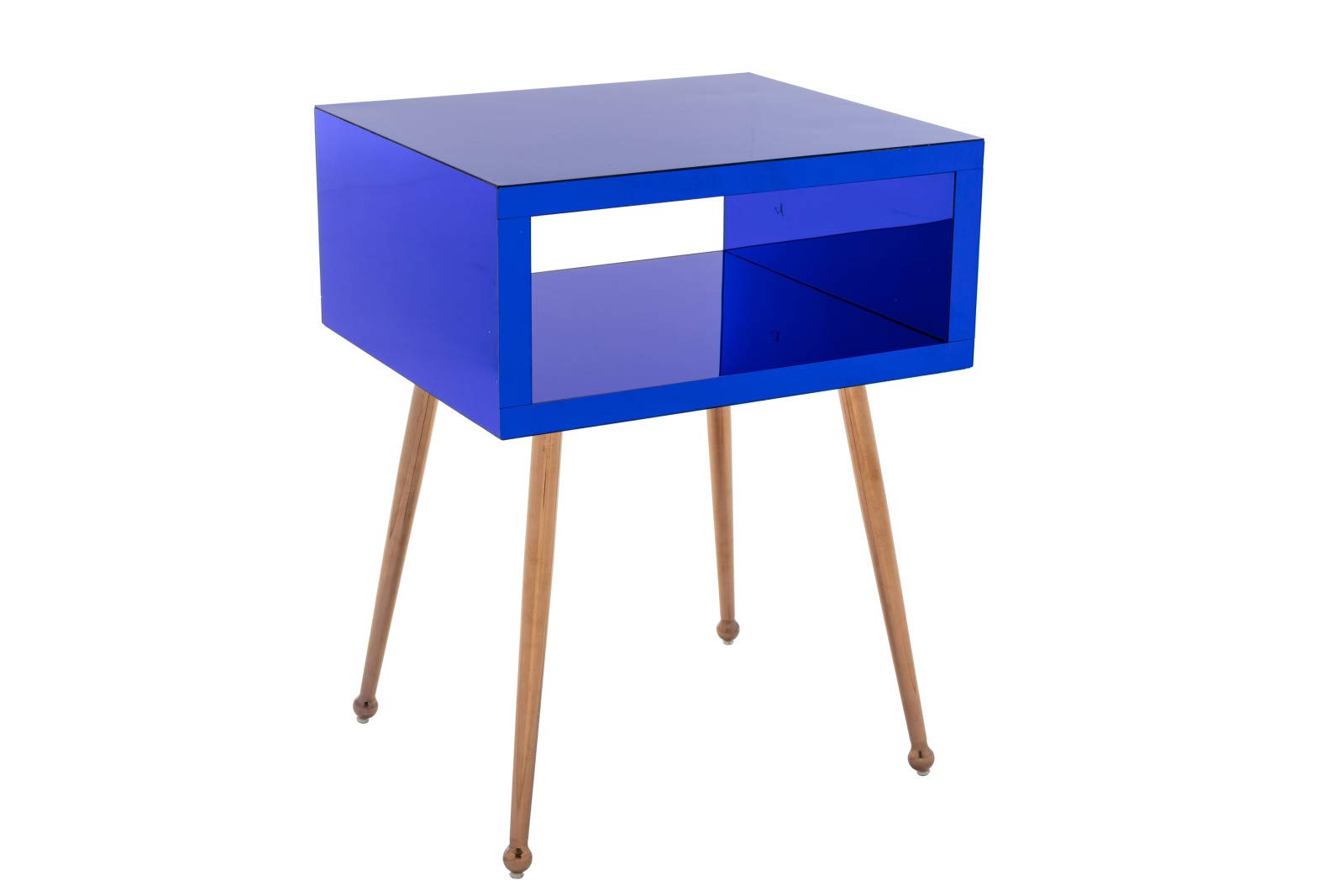 Mid Century Modern Mirrored End Table with Storage - Elegant Acrylic Nightstand with Open Shelf & Stainless Steel Legs - Small Accent Table for Bedroom, Living Room or Small Spaces (Navy Blue) | Perfect for Contemporary Home Decor, Guest Rooms & Studio Apartments