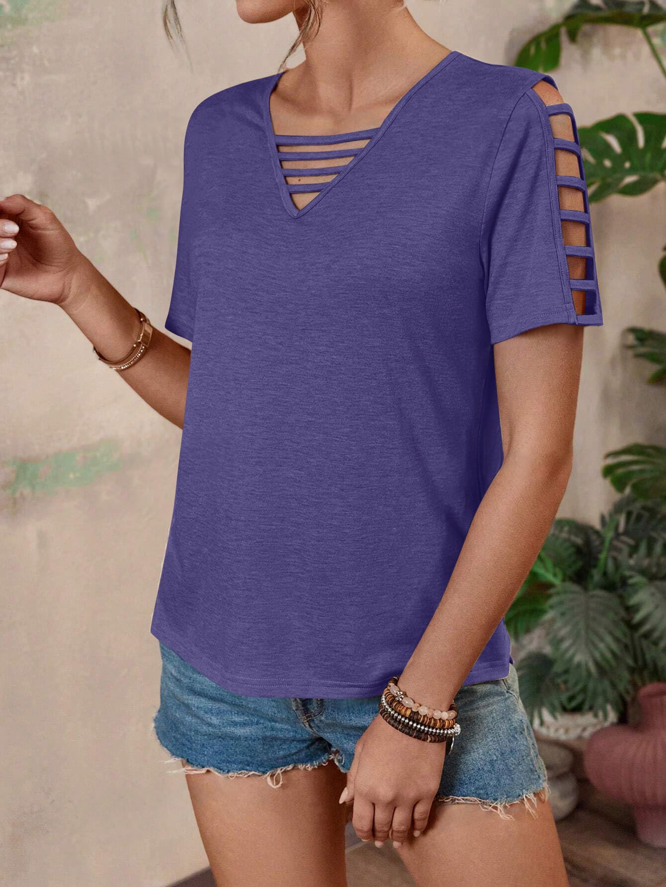 Women's Loose Fit V-Neck Hollow Out Short Sleeve T-Shirt - Summer Casual Basic Top for Beach Vacation 2025 | Perfect for Travel, Outing and Daily Wear