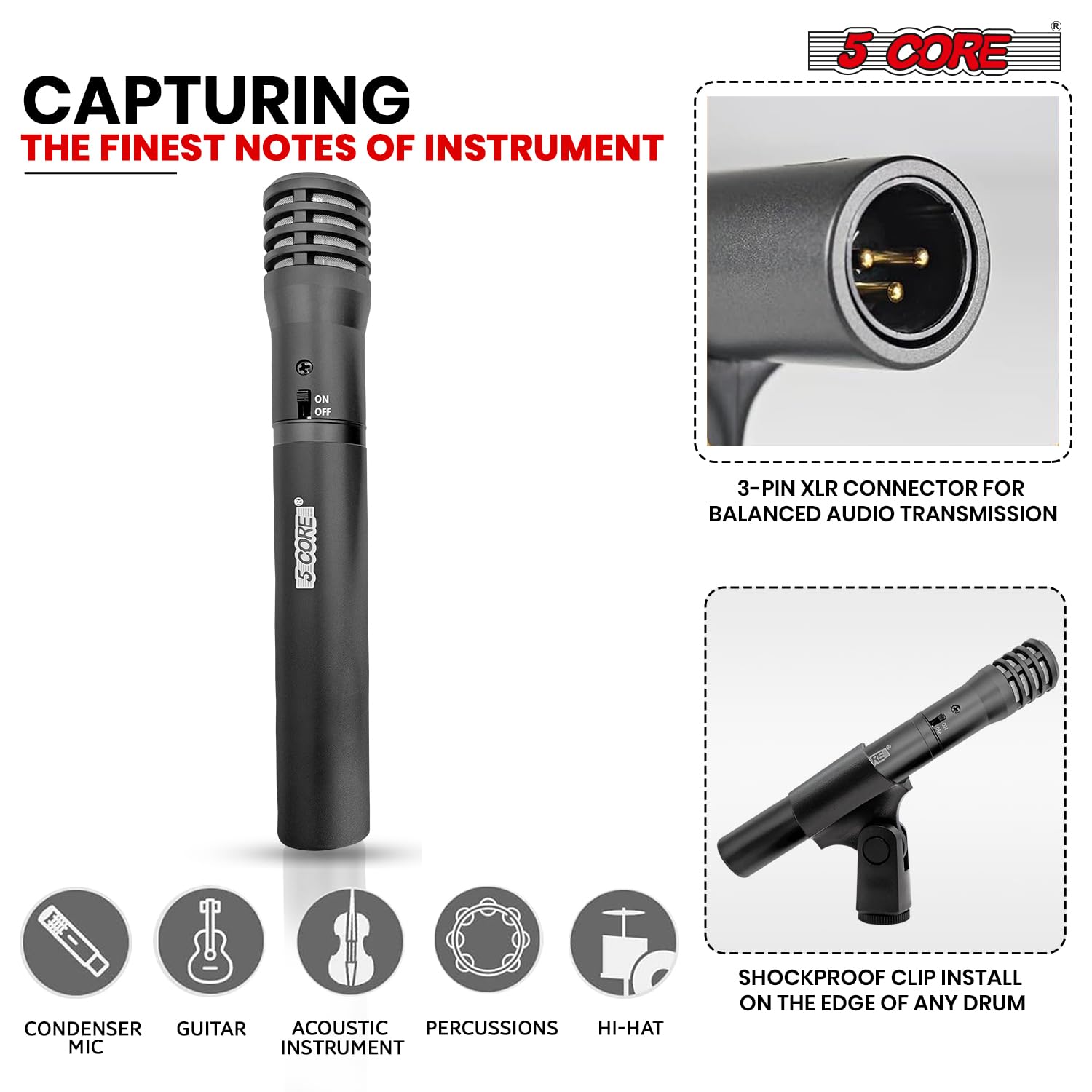 5 CORE Professional Condenser Microphone - Cardioid Unidirectional Pencil Mic with Windscreen, Mic Clip & Case (INSTRU MIC 100 BLK) - Perfect for Podcasting, Voice Overs, Studio Recording & Live Streaming