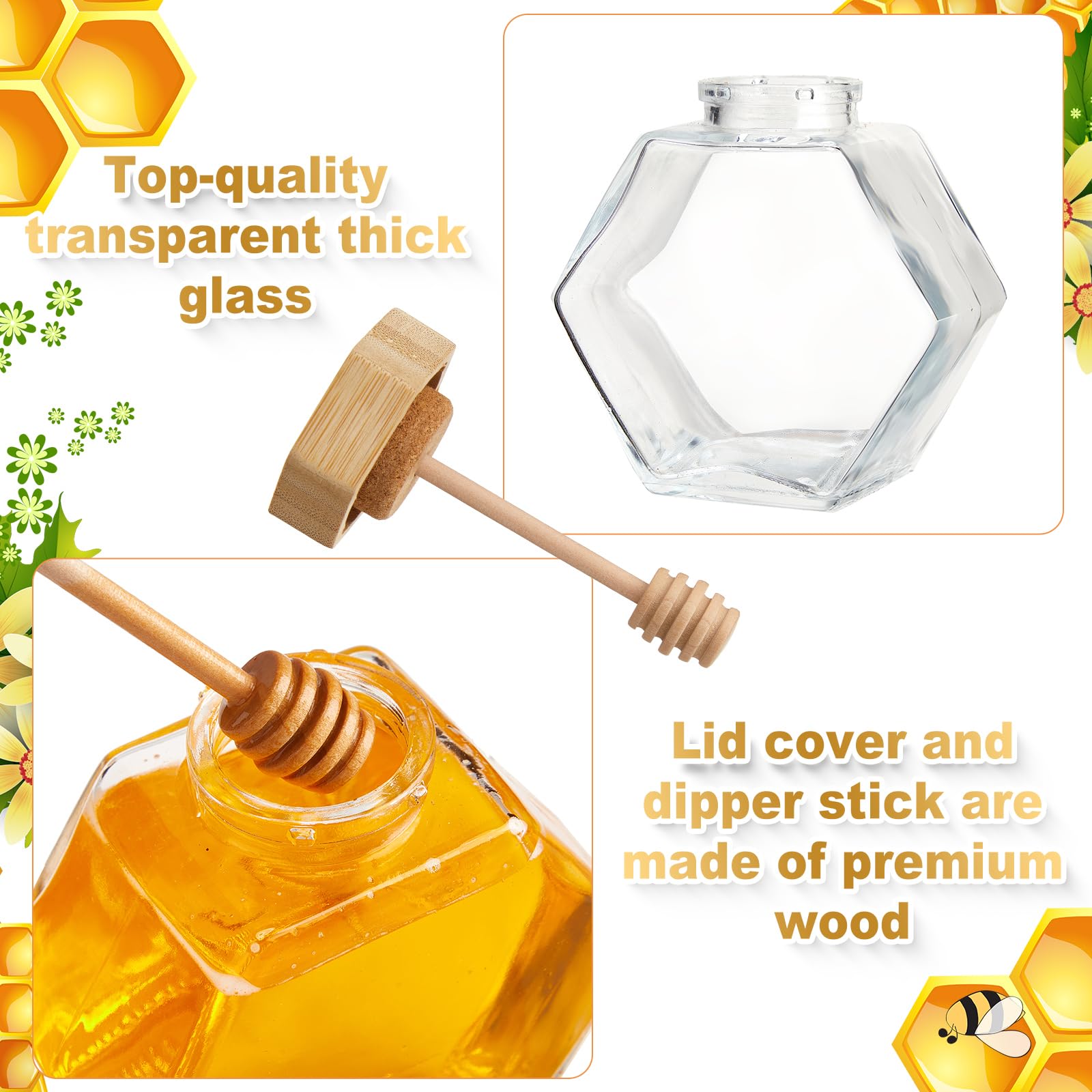 Sunnyray 8-Pack 220ml Hexagonal Honey Jars with Wooden Dipper & Cork Lid - Perfect for Kitchen Storage & Gifts