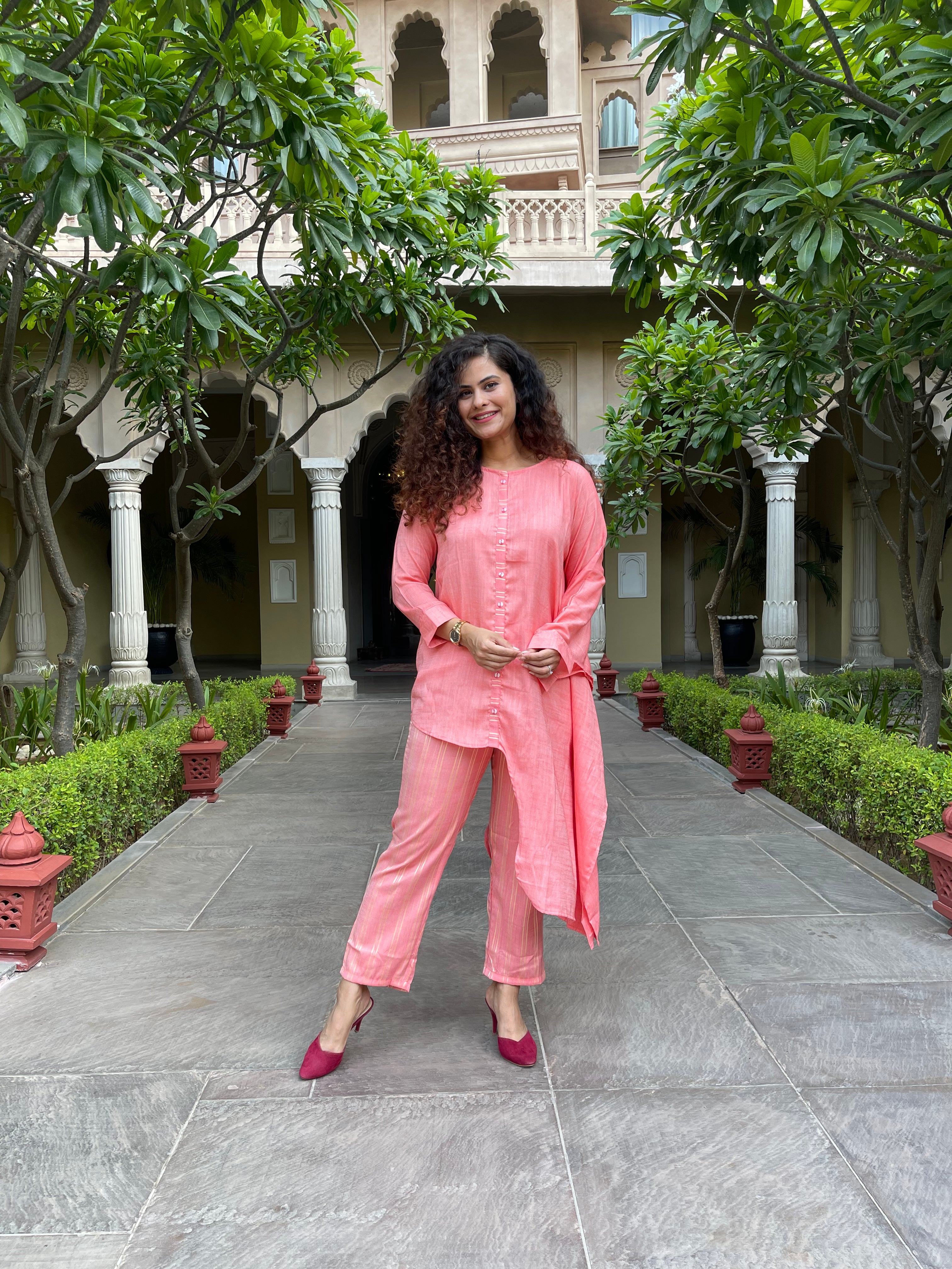 Stylish Pink Asymmetric Cotton Co-Ord Set for Women | Trendy Two Piece Outfit | Perfect for Casual Wear, Beach Outings & Summer Fashion