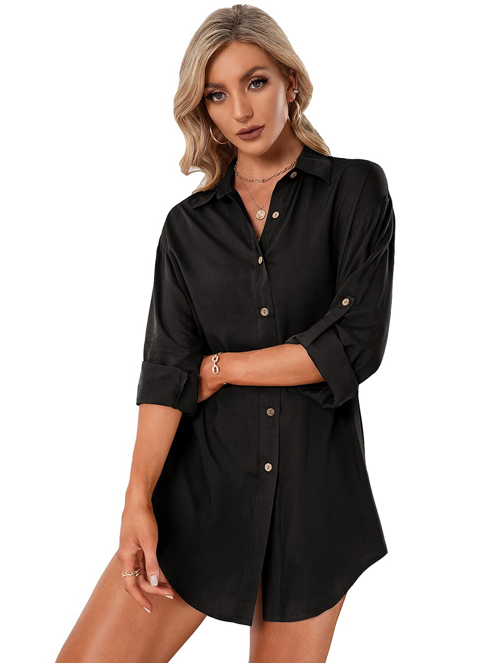 Anna-Kaci Women's Long Sleeve Button Down Shirt Dress - Casual Mini Tunic Blouse for Office, Date Night & Spring Outfits | Plus Size Options Available