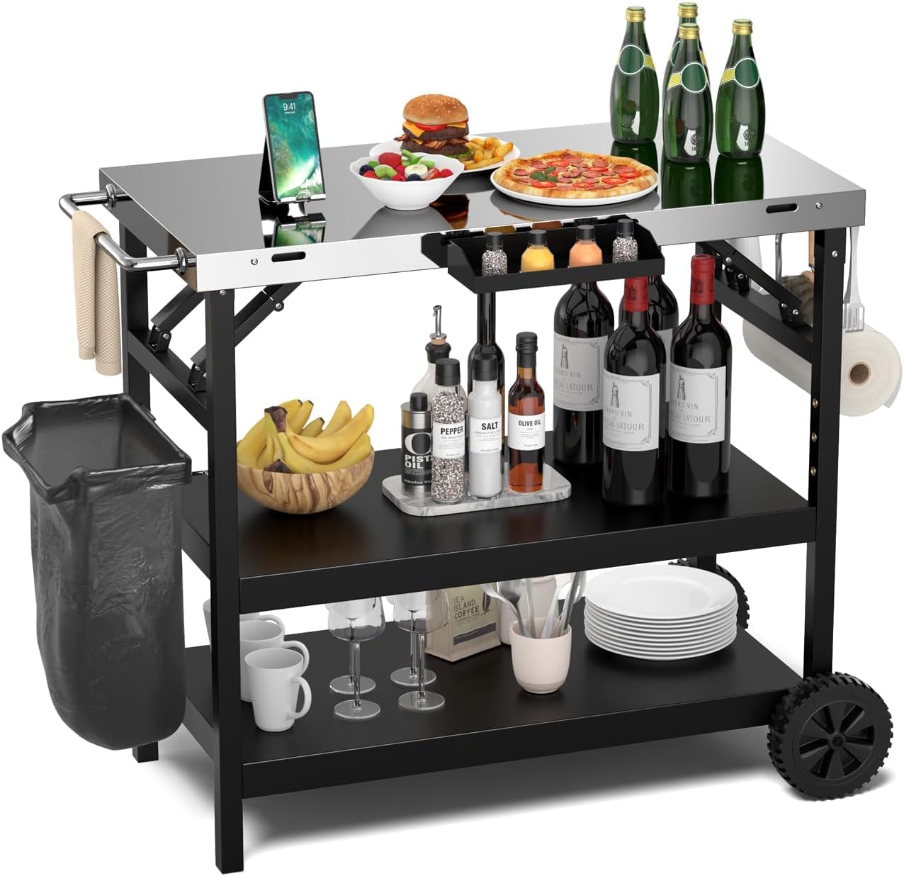 ERGOMASTER Adjustable Outdoor Grill Table Cart - Stainless Steel Kitchen Island with 4-Position Shelf for Patio, Garden & Backyard BBQ | Perfect for Outdoor Cooking, Serving & Entertaining