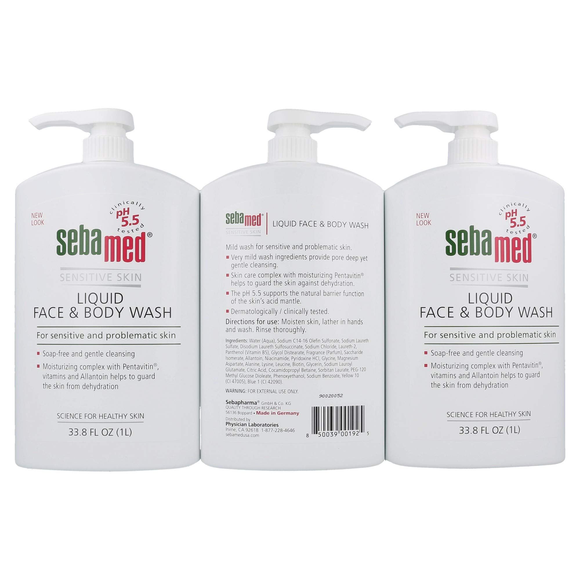 SEBAMED Liquid Face and Body Wash for Sensitive Skin - 1 Liter (33.8 Fl Oz) Pack of 3 | pH 5.5 Balanced Cleanser | Gentle Daily Shower & Bath Gel for Men & Women | Perfect for Dry, Acne-Prone & Irritated Skin