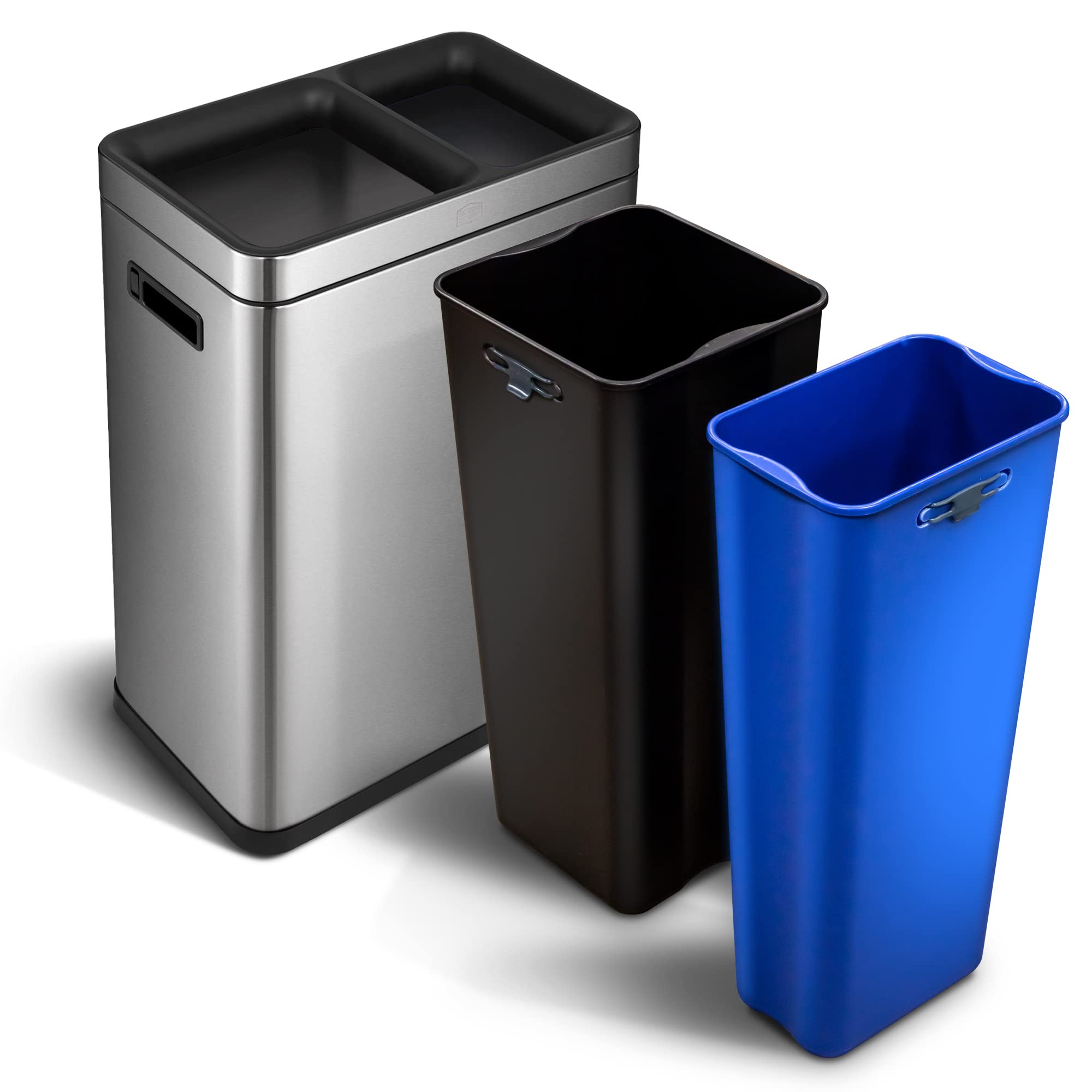 13 Gallon Stainless Steel Kitchen Trash Can with Dual Removable Liners - Open Top No Lid Design for Waste & Recycling - Perfect for Home, Office & Restaurant Use