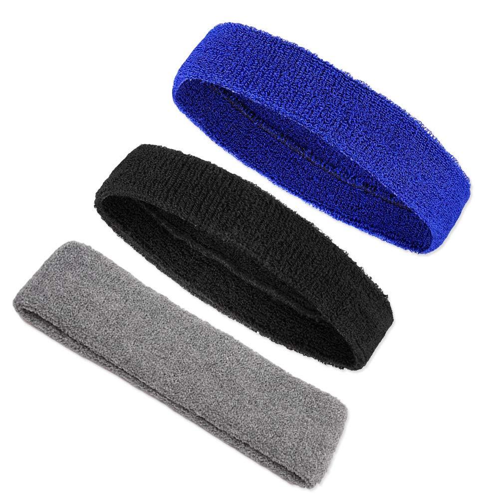 LIOOBO 3 Pack Sports Headbands for Women - Moisture Wicking Terry Cloth Sweatbands, Non-Slip Athletic Hair Bands (Black, Sapphire, Gray) - Perfect for Running, Yoga, Workout & Gym