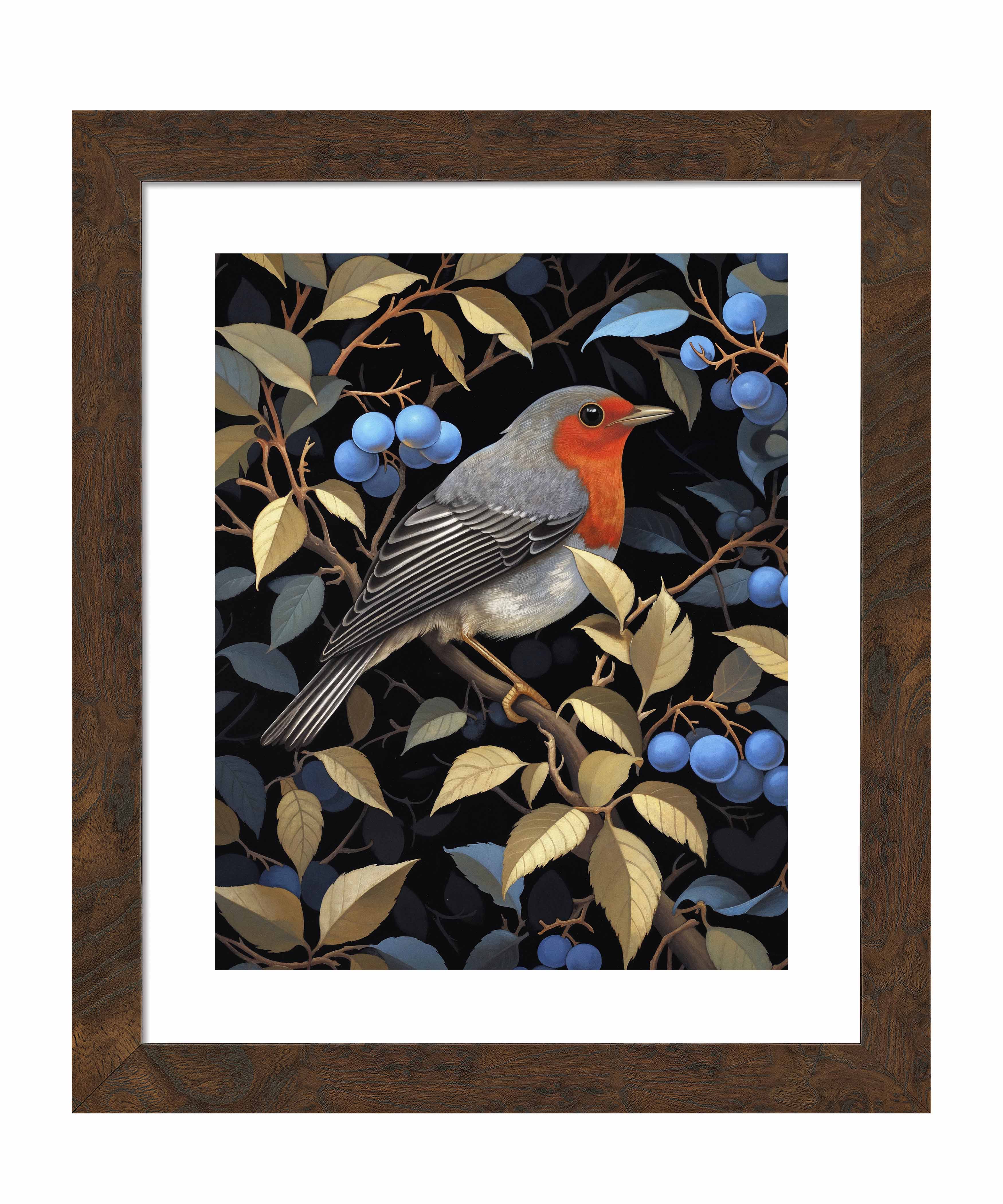 Crimson Song Robin Among Blueberries Wall Art Print - Beautiful Bird Painting for Home Decor, Living Room, Bedroom & Office