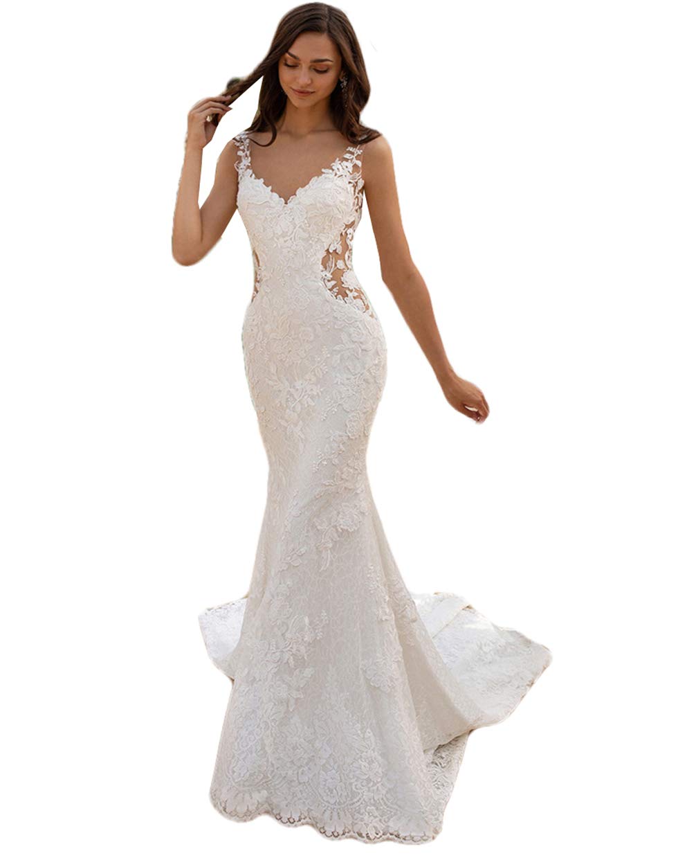 Elegant Mermaid Wedding Dress with Lace Appliques for Brides – Perfect for Beach, Church, and Formal Wedding Ceremonies