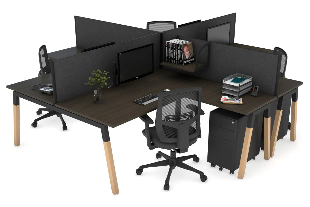 Quadro Wood A Legs Cross Beam 4-Person Corner Workstation Desk - 1600L x 1800W with Cable Management Scallop - Perfect for Office, Home Workspace & Collaborative Environments
