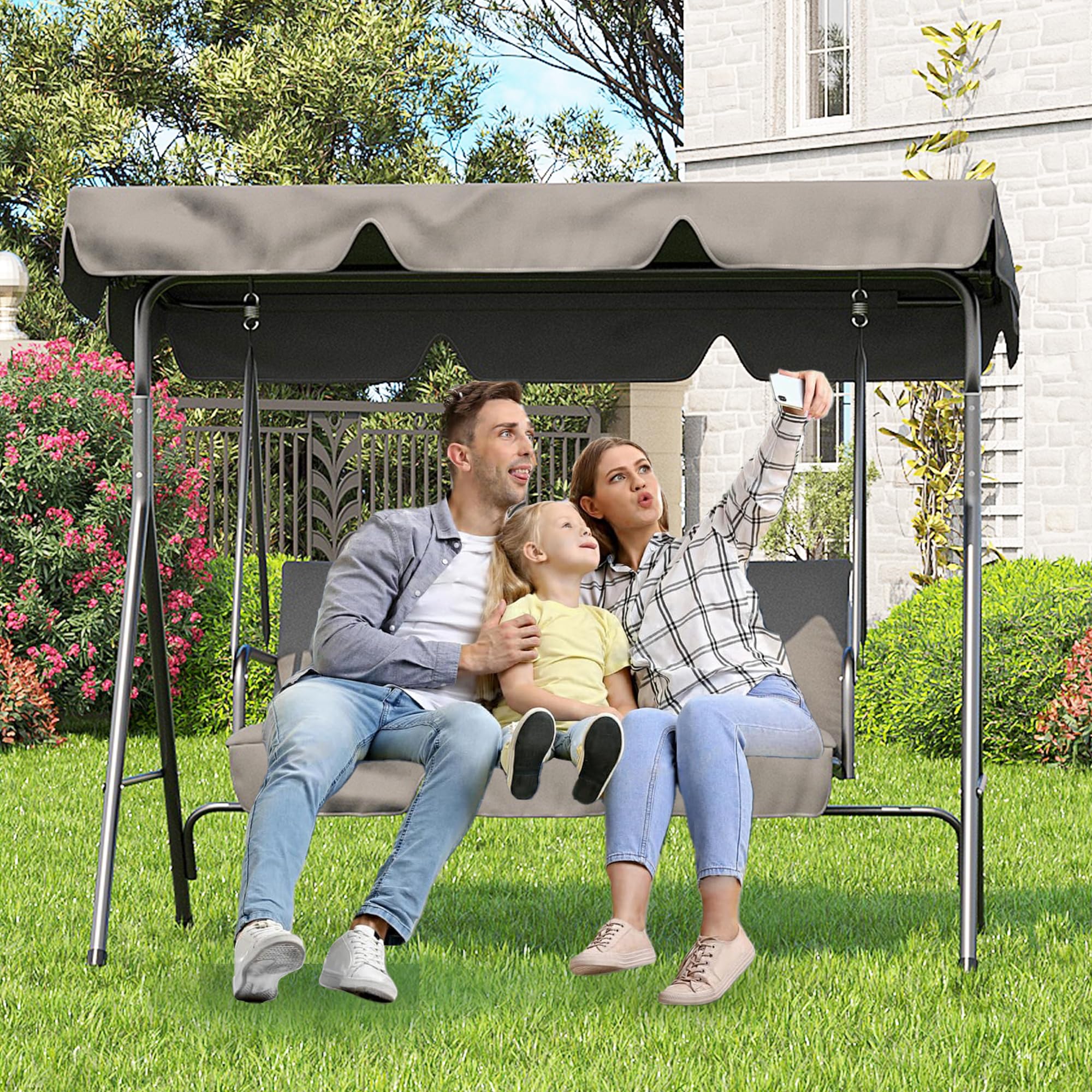 GARVEE 3-Person Patio Swing Chair with Convertible Canopy - Outdoor Hanging Glider Lounge Chair with Adjustable Tilt Shade for Porch, Garden, Backyard & Poolside Relaxation