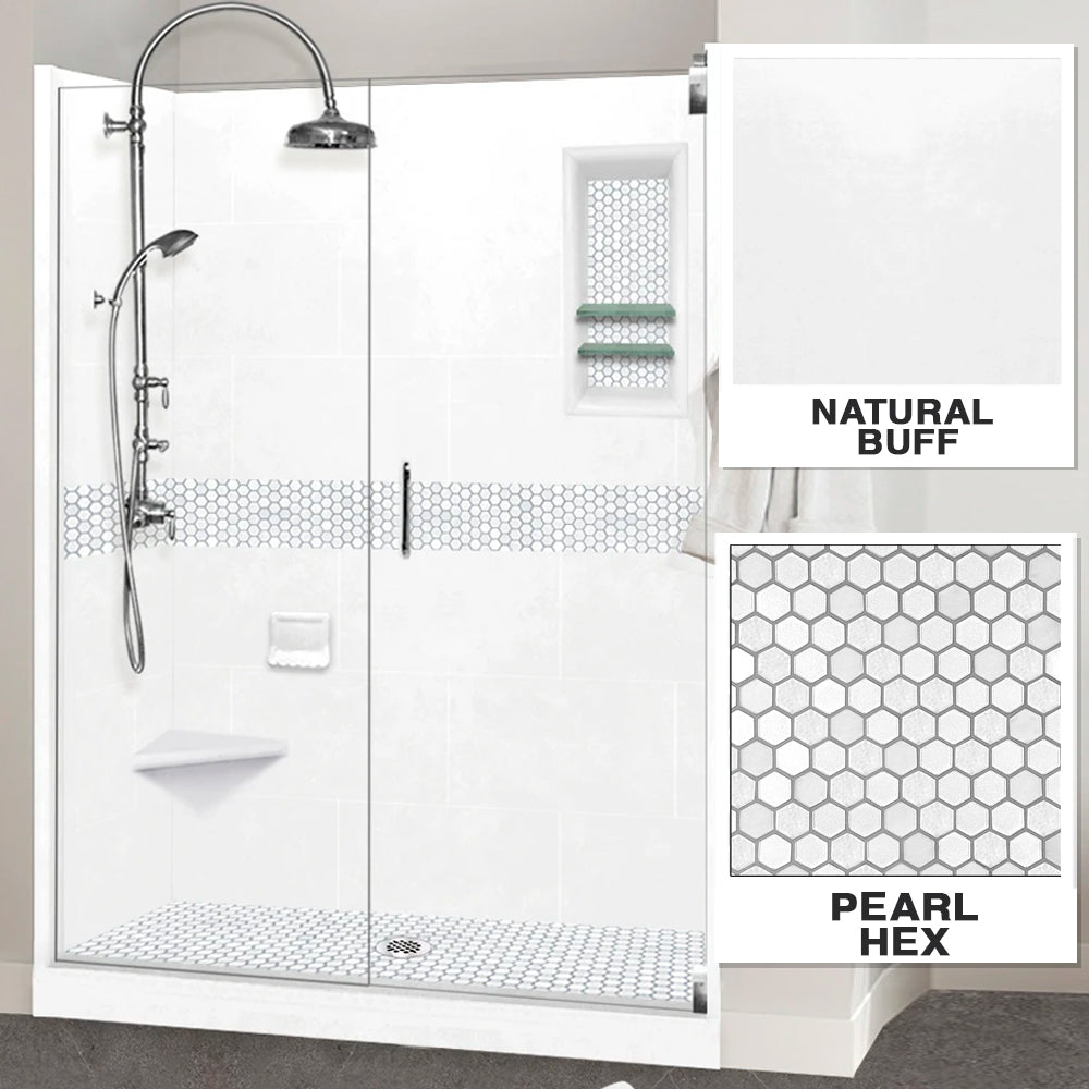 60 Alcove Natural Buff Sistine Stone & Pearl Hexagon Mosaic Tile - DIY Shower Remodel Kit for Bathroom Wall & Floor Backsplash Design
