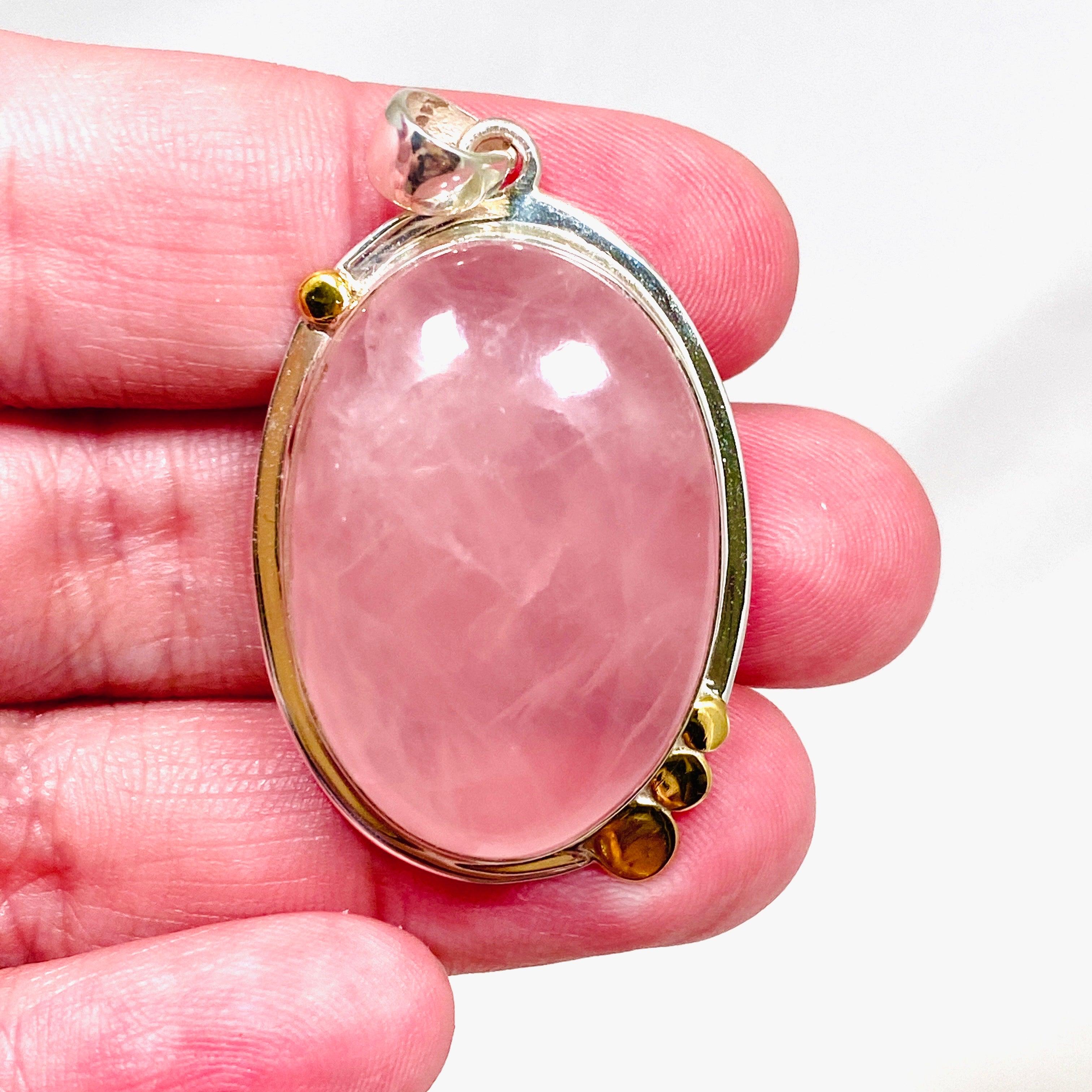 Rose Quartz Oval Pendant Necklace with Brass Accents - KPGJ4312 | Healing Crystal Jewelry for Women, Spiritual Gift & Everyday Elegance