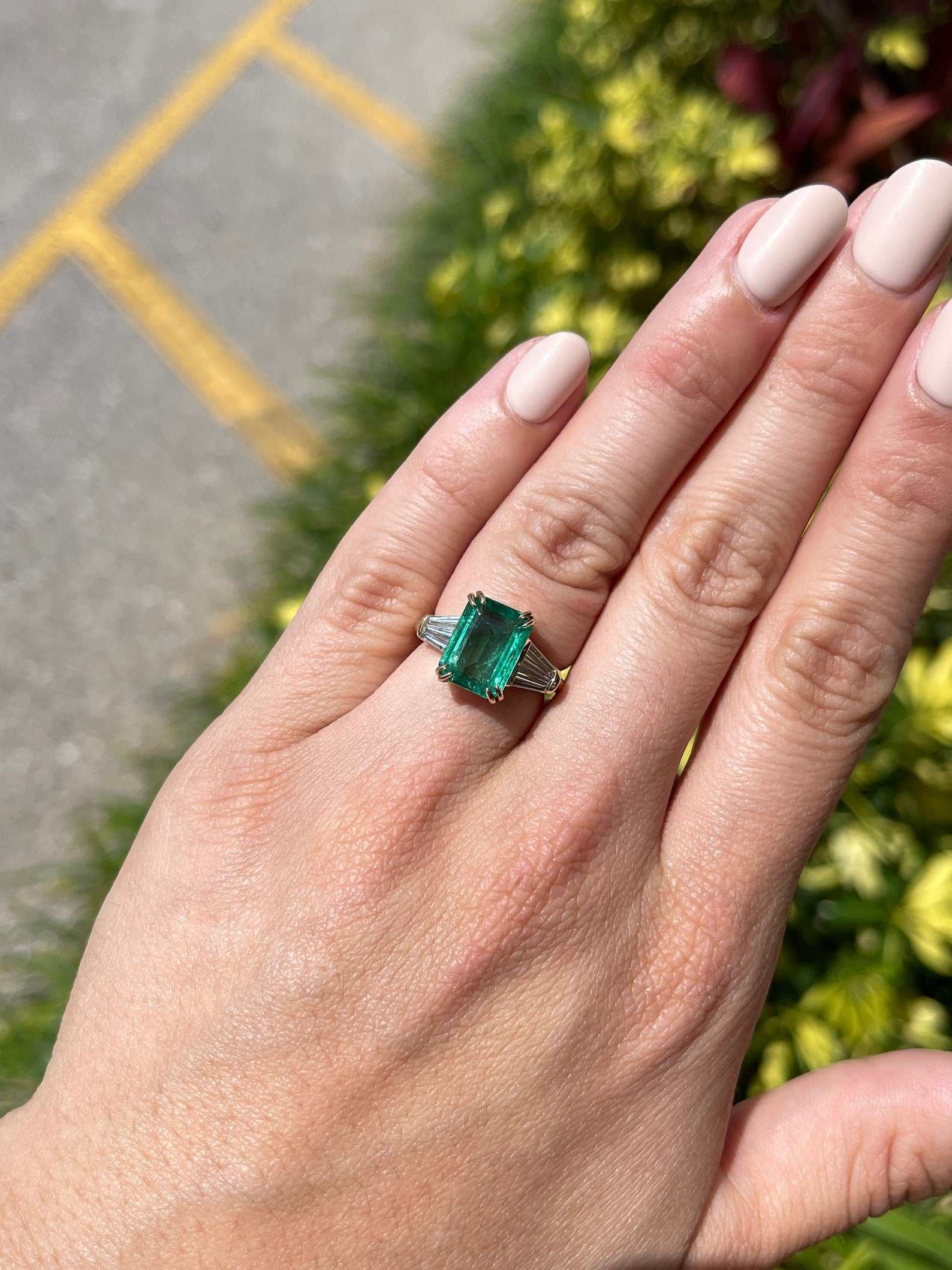 4.76tcw Emerald Cut Emerald & Tapered Baguette Diamond 18K Gold Ring - Elegant Jewelry for Weddings, Anniversaries & Special Occasions