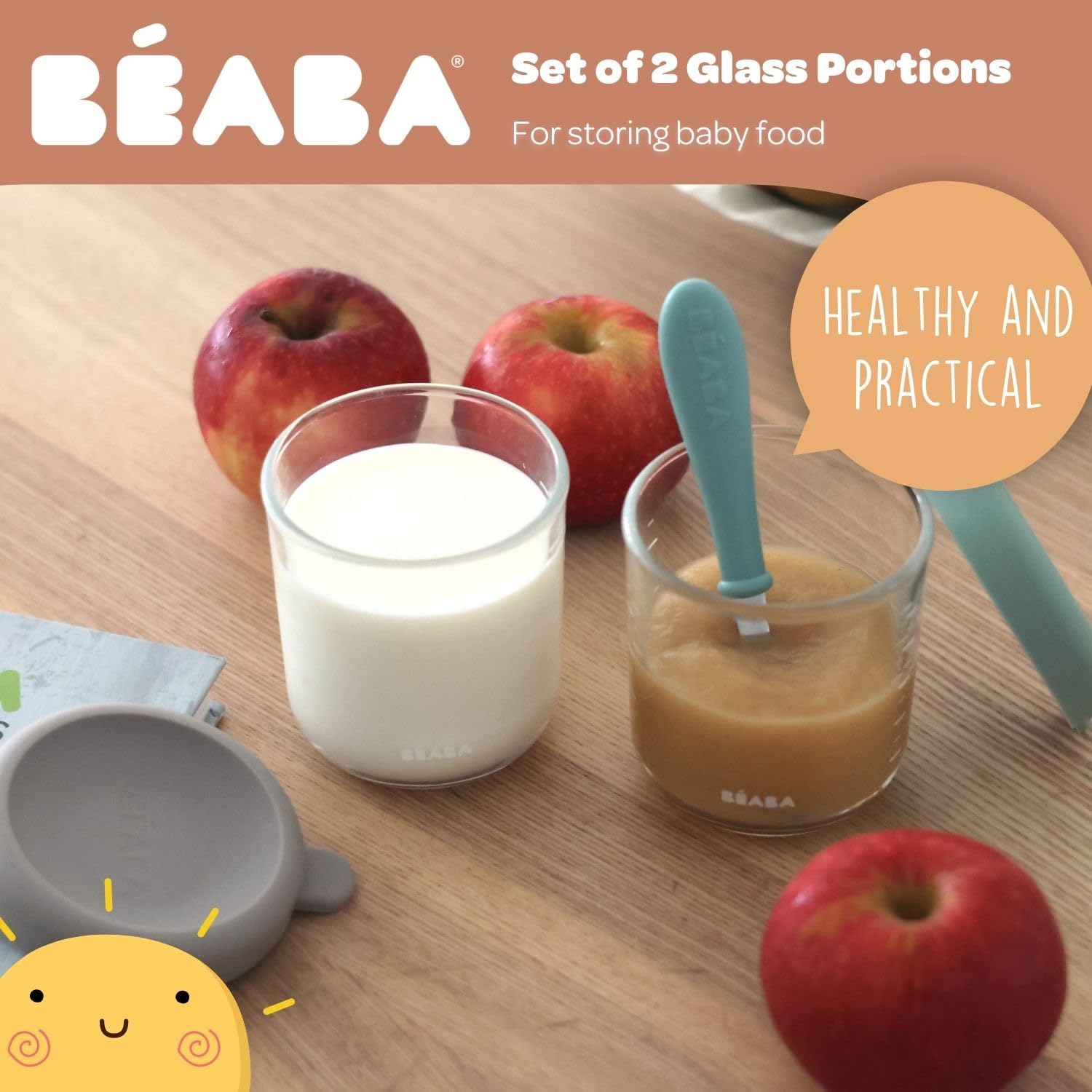 Beaba 2-Pack 8 oz Glass Baby Food Storage Jars with Soft Silicone Airtight Lids - Microwave & Freezer Safe Containers for Homemade Purees, Snacks & Meal Prep - Midnight Blue