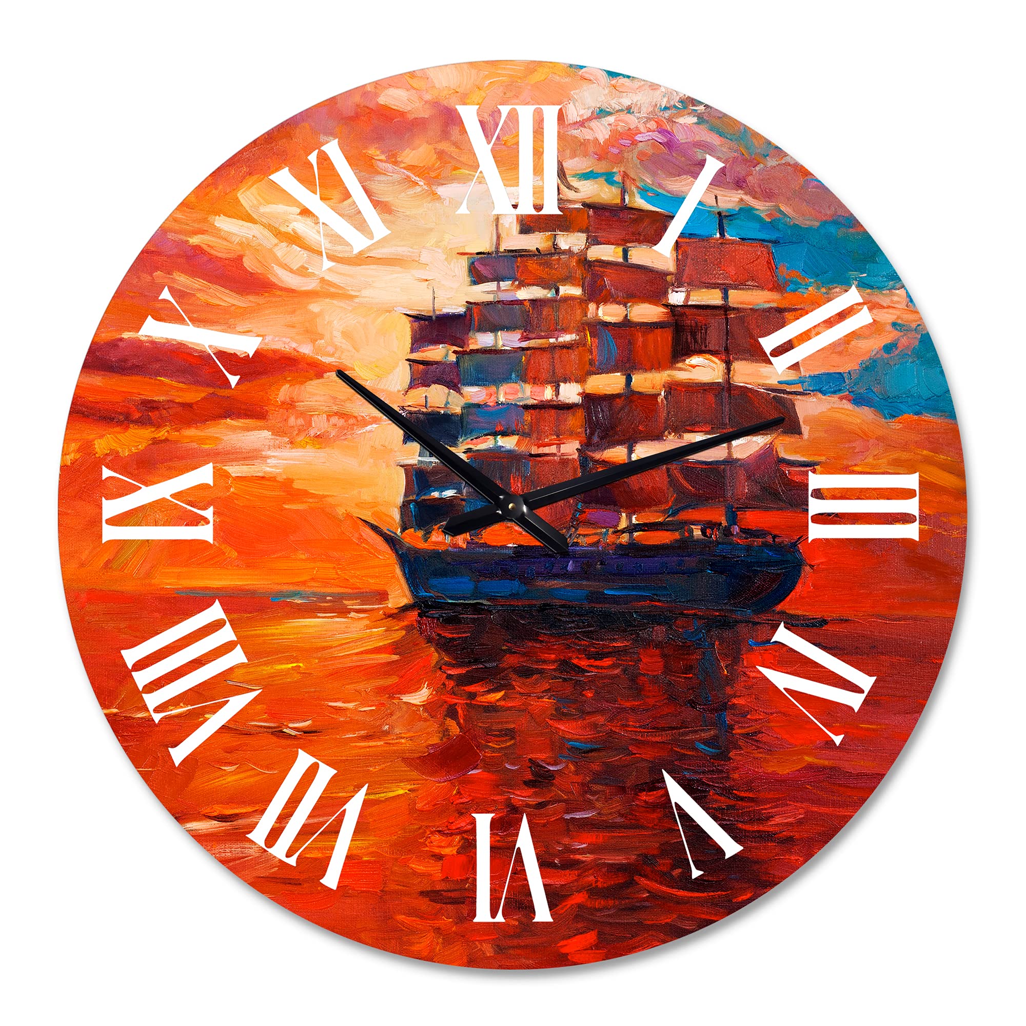 DesignQ Nautical Coastal Wall Clock - 'Frigate at Sunset on Ocean Horizon' Red Round Clock for Bedroom, Living Room & Office Decor | Perfect for Beach House, Coastal Theme & Home Styling