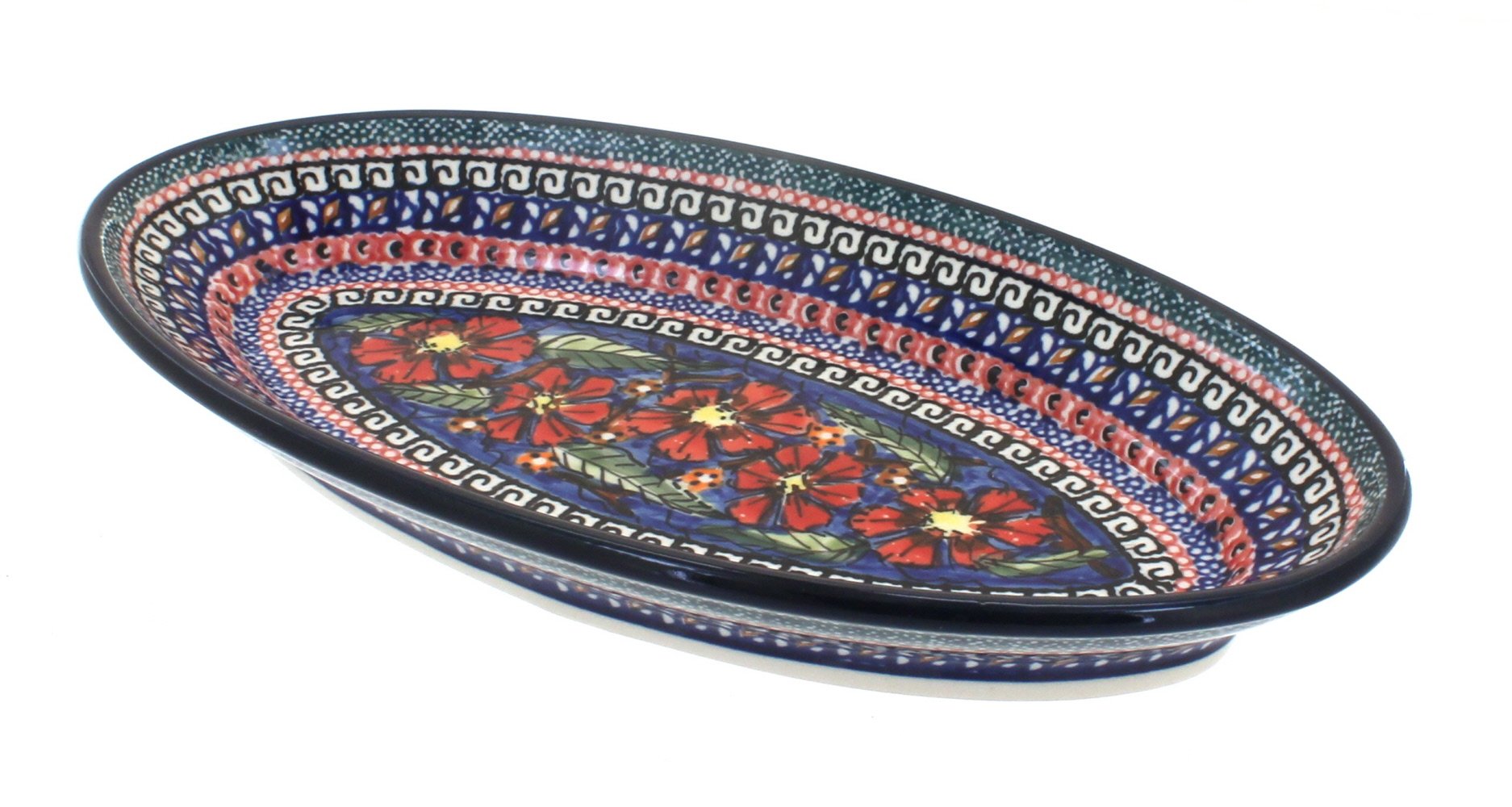 Handmade Blue Rose Polish Pottery Jungle Flower Small Oval Platter - Elegant Serving Dish for Appetizers, Desserts & Home Decor