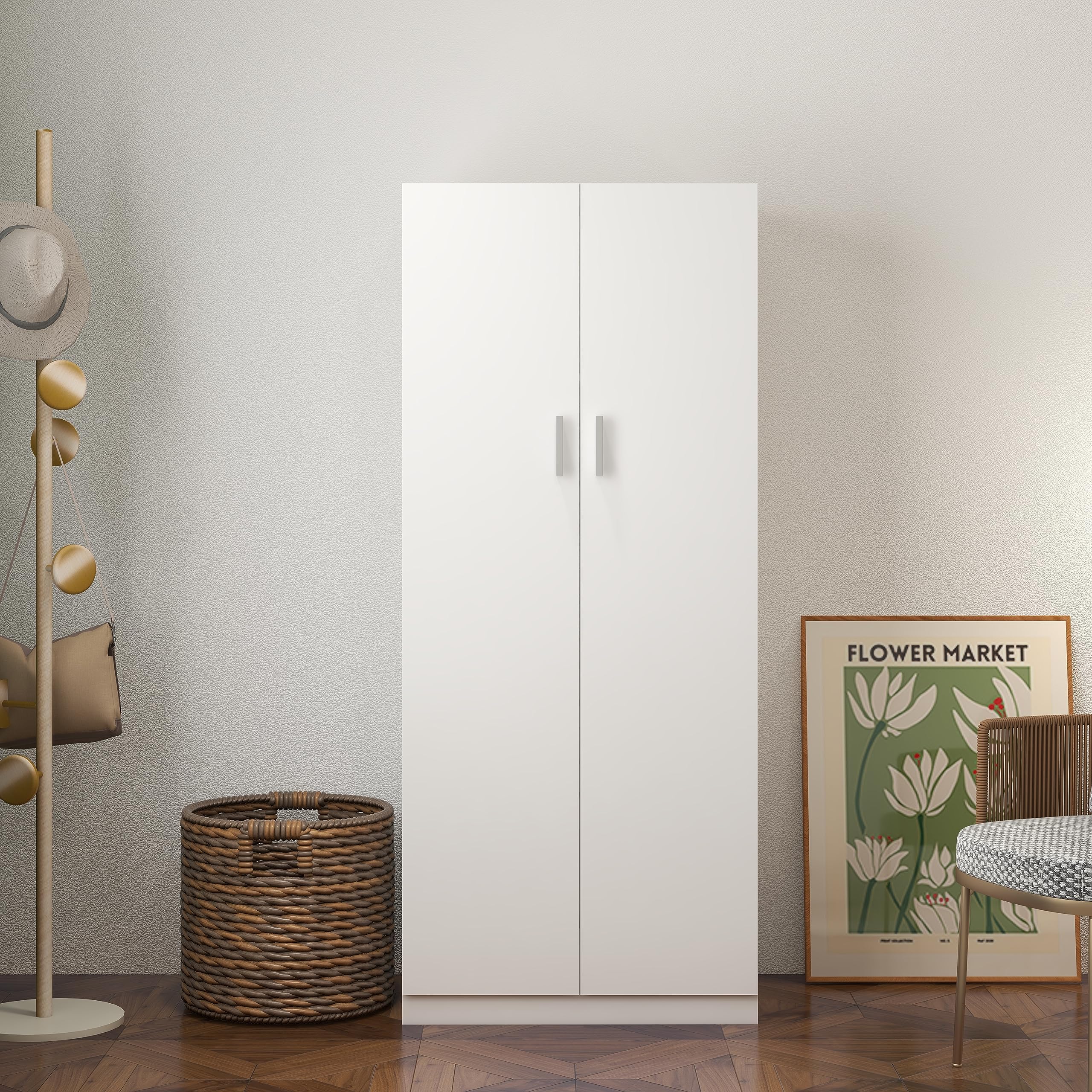 Panana 2 Door Wardrobe Closet - White Bedroom Storage Cabinet with Shelves & Hanging Rod - Perfect for Bedroom, Guest Room, Apartment & Dorm Organization
