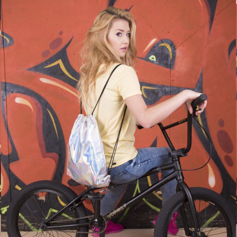VALICLUD Holographic Drawstring Backpack - Shiny Silver Gym Bag, Metallic Rucksack for Men & Women | Perfect for Sports, Yoga, Travel & Daily Use