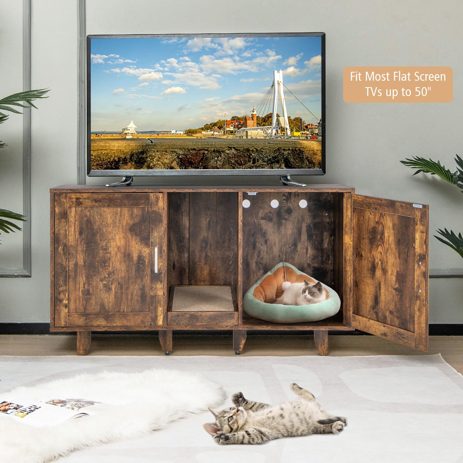 Tangkula Double Cat Litter Box Enclosure for 2 Cats - Large Stackable Hidden Litter Box Cabinet with Scratching Board - Rustic Brown Cat Furniture for Indoor Use | Perfect for Living Room, Bedroom or Home Office Concealment