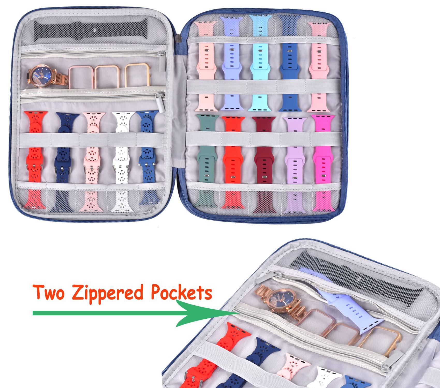Watch Band Storage Case Organizer for 35 Straps & Accessories - Travel & Home Use (Blue)