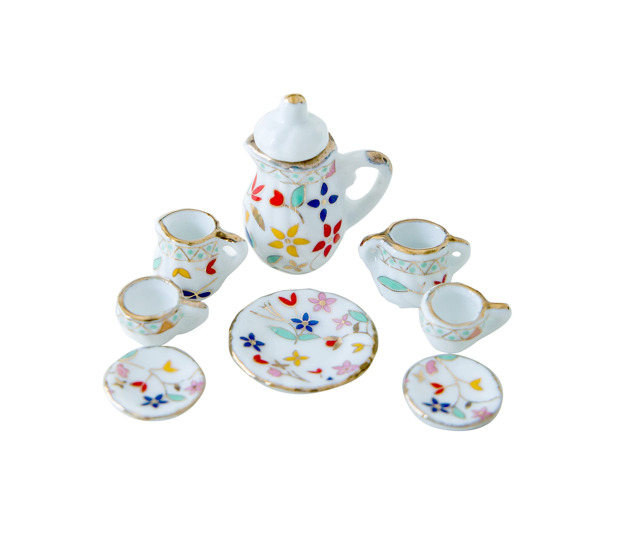 1:12 Scale Miniature Dollhouse Accessories - Realistic Porcelain Tea Cup Set, Teapot & Plates for DIY Miniature Kitchen Decor, Party Display & Collectibles | Perfect for Dollhouse Enthusiasts & Miniature Scenes