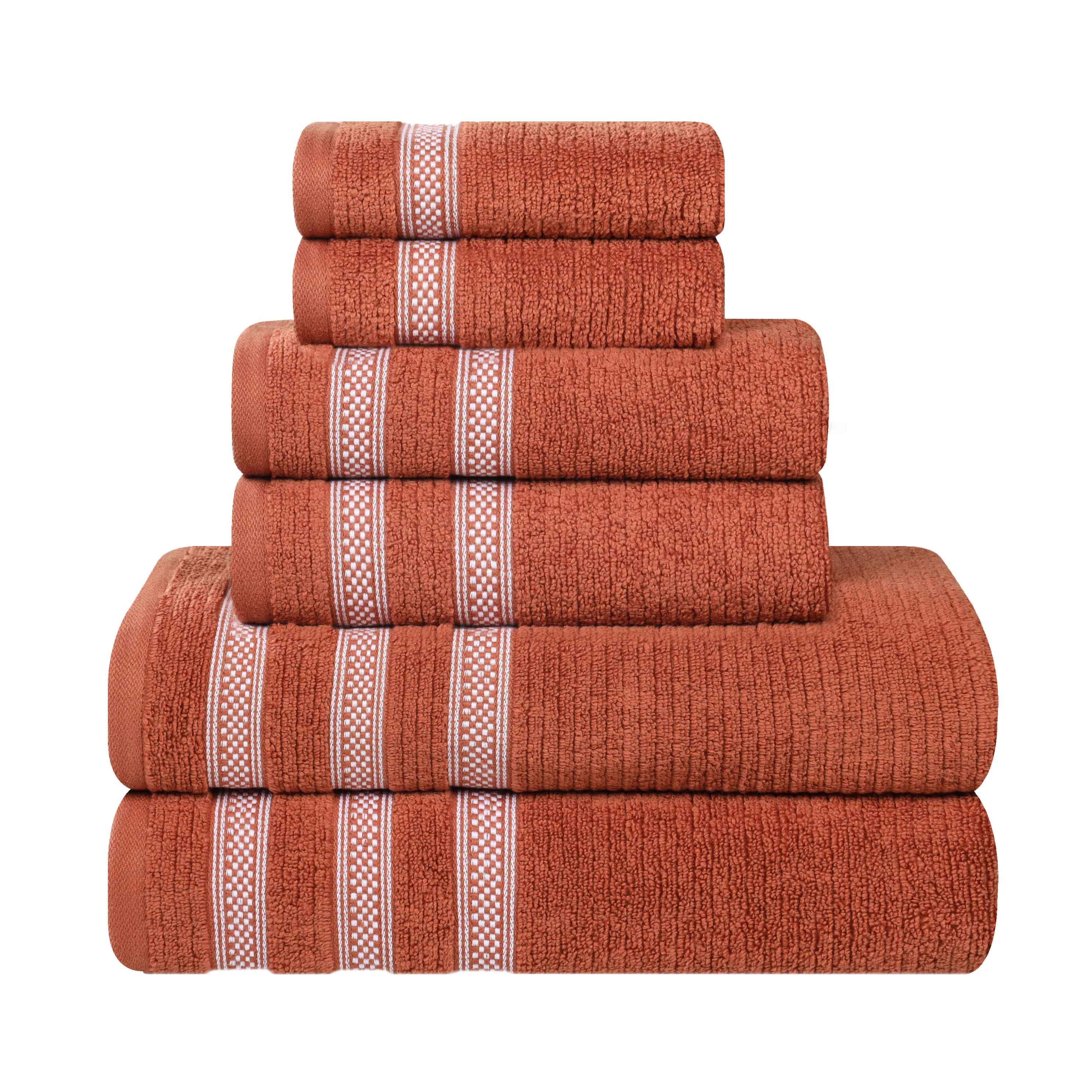 Premium 6-Piece Zero Twist Cotton Towel Set - Ultra Soft, Ribbed Geometric Border, Plush Bath & Beach Towels for Spa, Gym, and Poolside Luxury